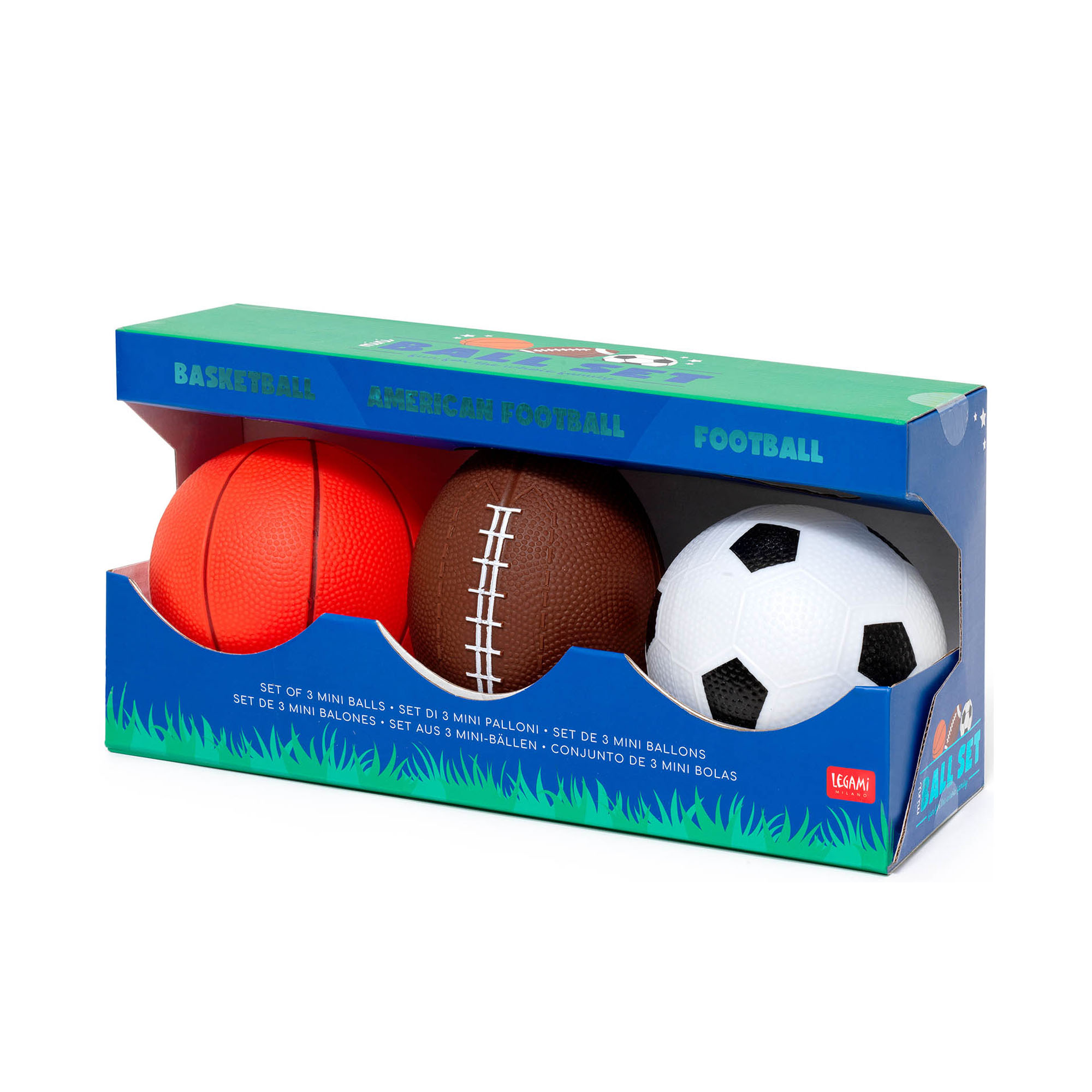 Drei Mini-Bälle für Basketball, Fußball und American Football, mit allen drei Bällen in einer offenen Schachtel dargestellt.
