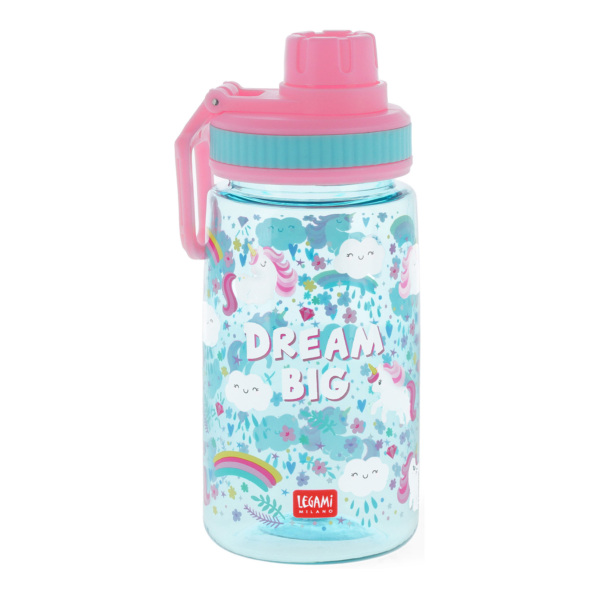Türkis-rosa Kindertrinkflasche im Einhorn-Design, geschlossen mit seitlichem Tragegriff frontal dargestellt.