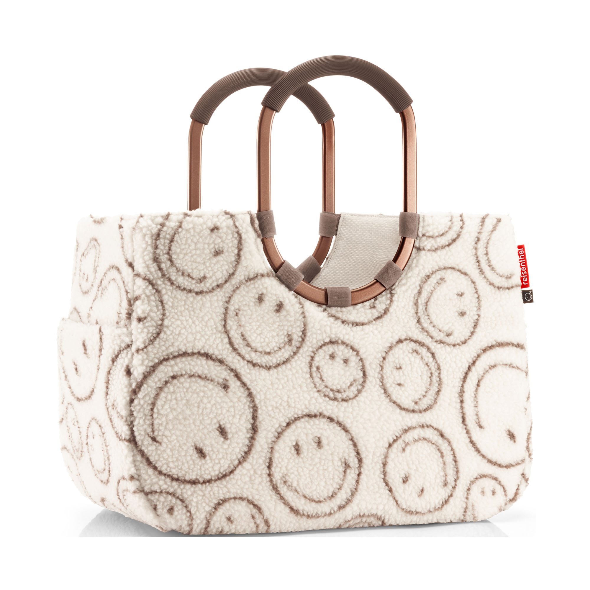 Shopper mit Ringgriffen von Reisenthel, Modell Loopshopper L, in Creme und Braun mit Smiley-Muster aus Teddyfleece, frontal mit zwei ovalen Ringgriffen