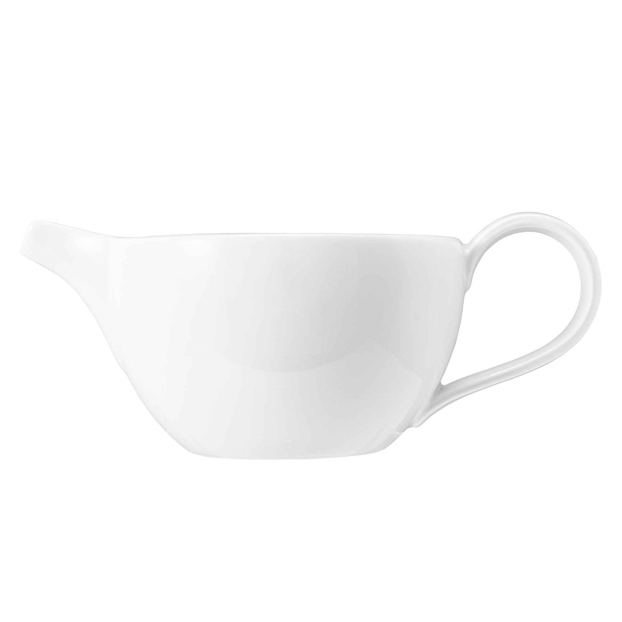 Sauciere in Weiß; geradlinige Form mit Ausguss und Henkel. Ansicht: Draufsicht.