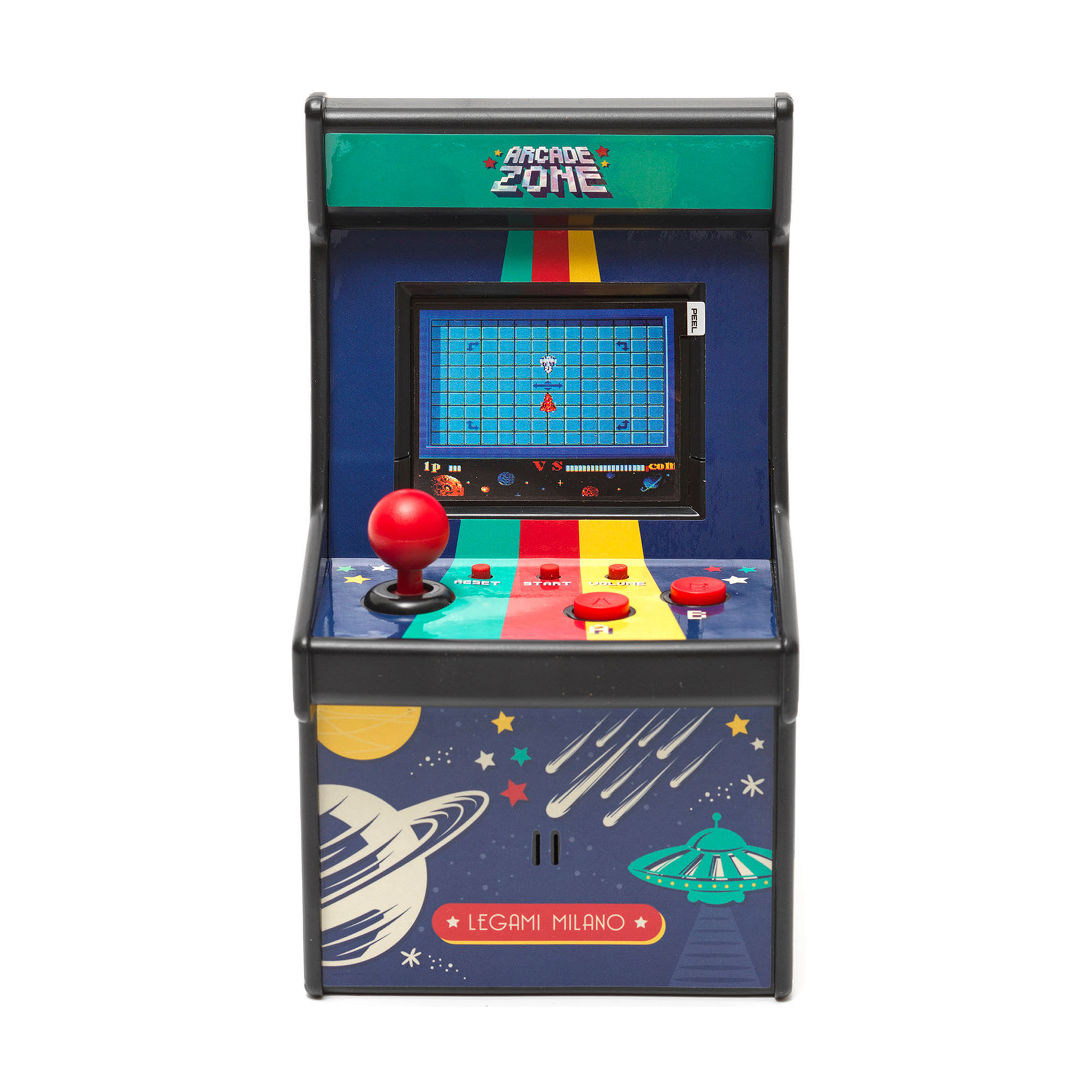 Mini-Arcade-Spiel mit Weltraumdesign, frontal als kleiner Arcade-Automat mit Joystick und Weltraumgrafik dargestellt.