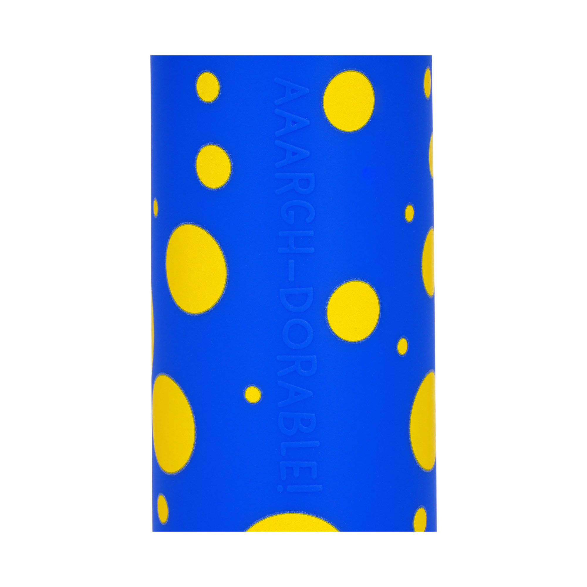 Blaues 2-in-1-Silikon-Federmäppchen im Monster-Design, in Nahaufnahme mit gelben Punkten auf blauem Silikon dargestellt.