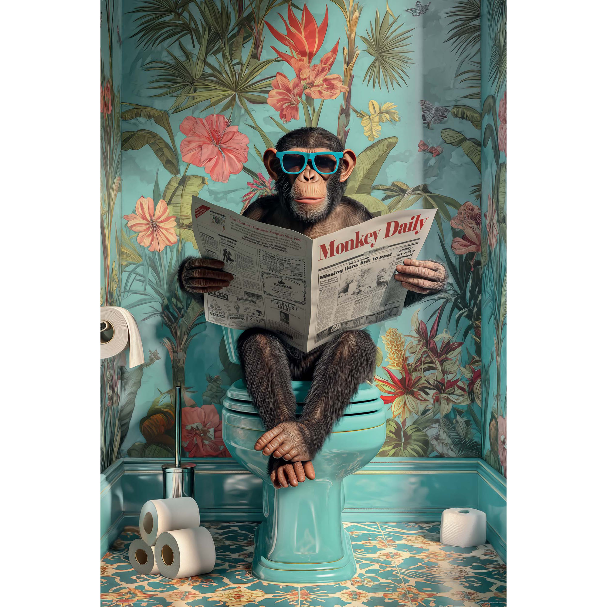 Hochformatiges Wandbild mit einem Schimpansen auf einer Toilette, der eine Zeitung liest, umgeben von tropischen Pflanzen und floralen Mustern in Türkis, Blau und warmen Erdtönen