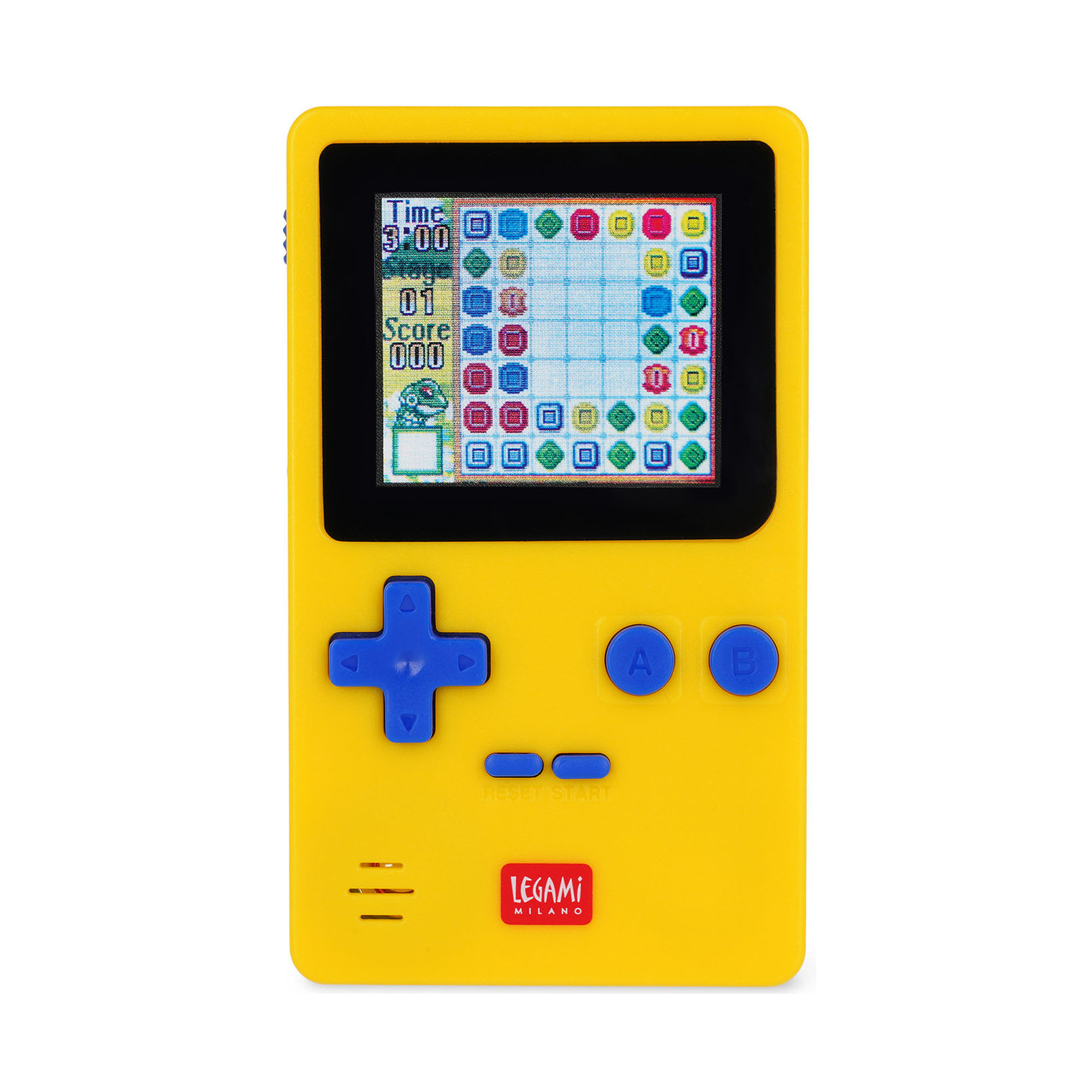 Gelbe Mini-Spielkonsole, frontal mit gelbem Gehäuse, Display und blauen Tasten dargestellt.