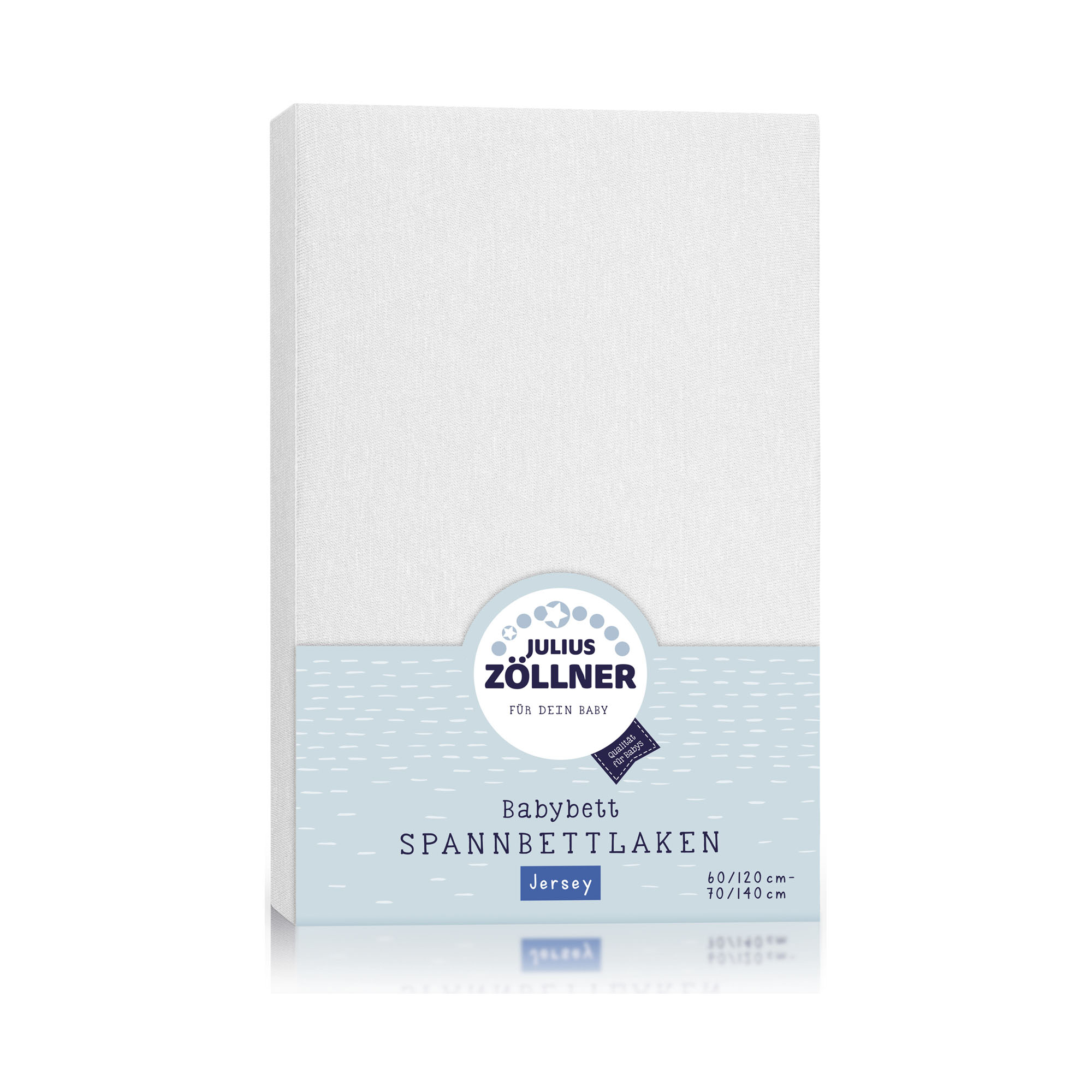 Verpackung eines weißen Julius Zöllner Jersey Spannbettlakens für Babybetten, mit blauem Etikett und Produktinformationen auf der Vorderseite