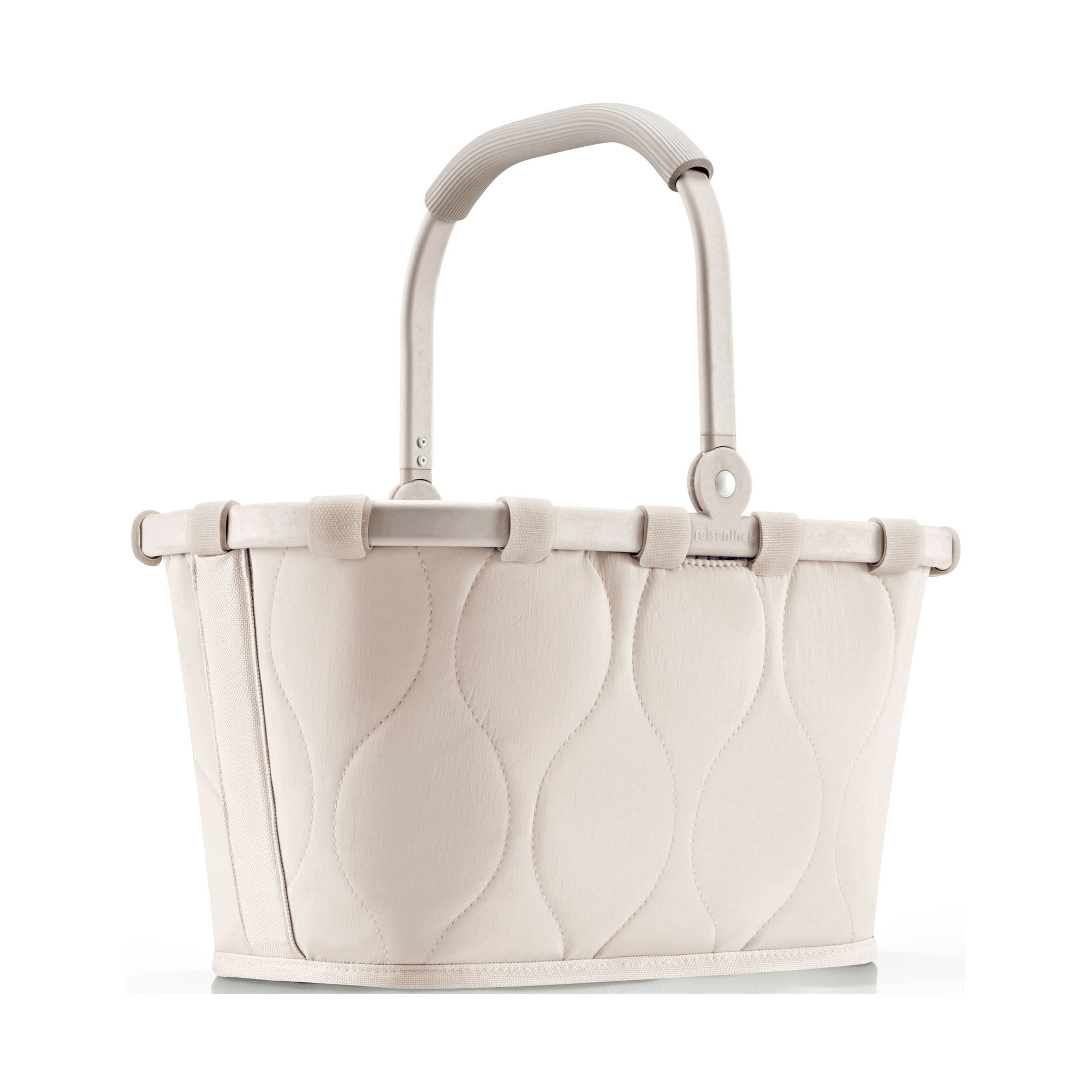 Kleiner Einkaufskorb von Reisenthel, Modell Carrybag XS, in hellem Steinbeige mit Steppstruktur, frontal mit hochgestelltem Tragegriff