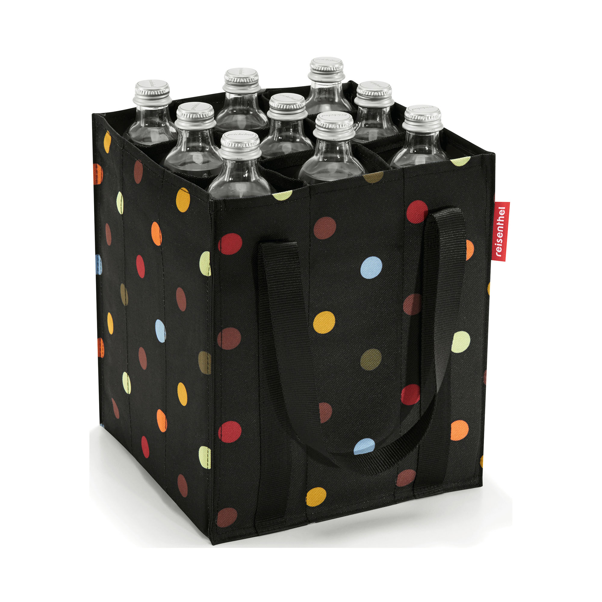 Flaschentasche von Reisenthel, Modell Bottlebag, in Schwarz mit bunten Punkten, schräg von vorn mit mehreren eingesetzten Getränkeflaschen.