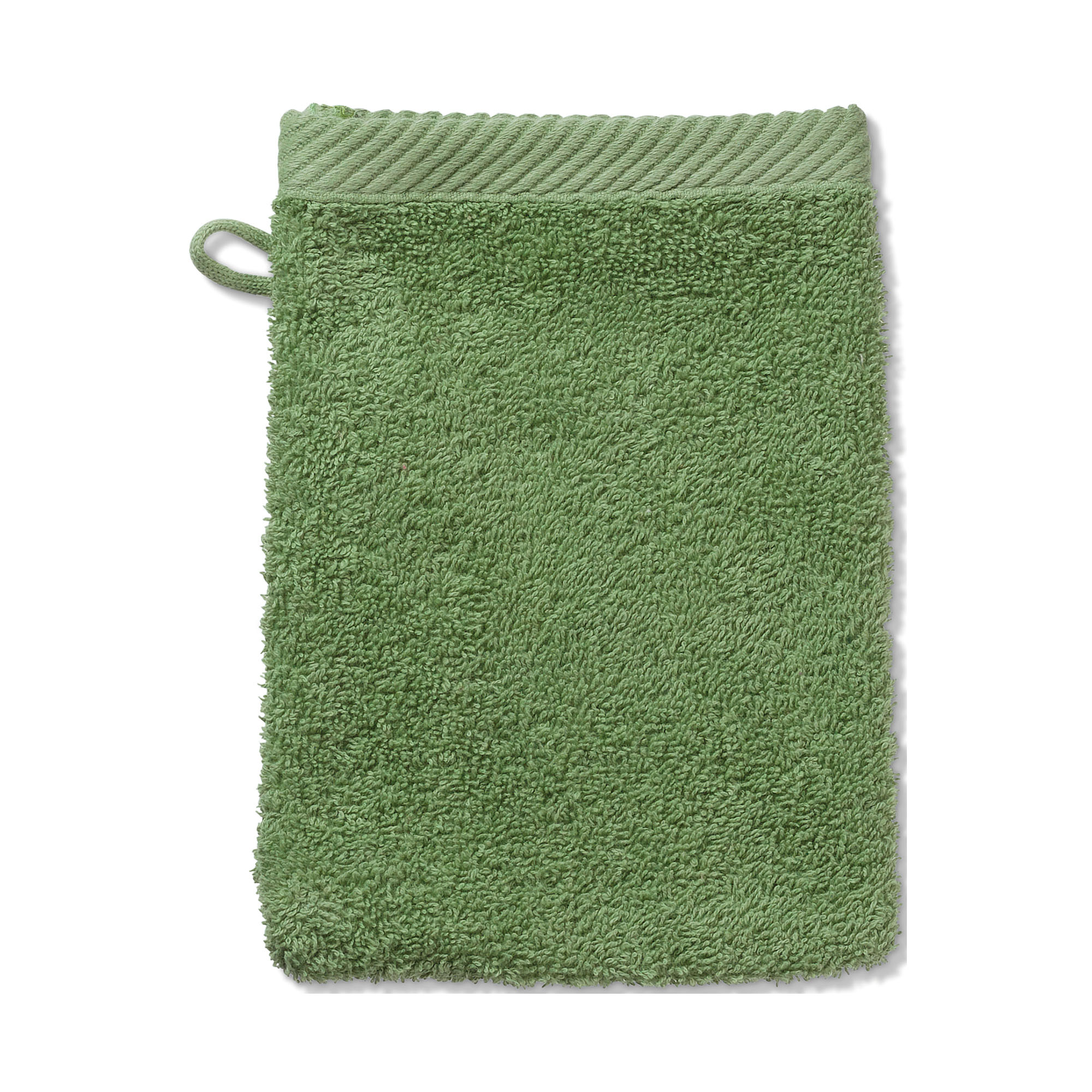 Freigestellter rechteckiger Waschhandschuh in Moosgrün mit weicher Frottieroberfläche und seitlicher Aufhängeschlaufe