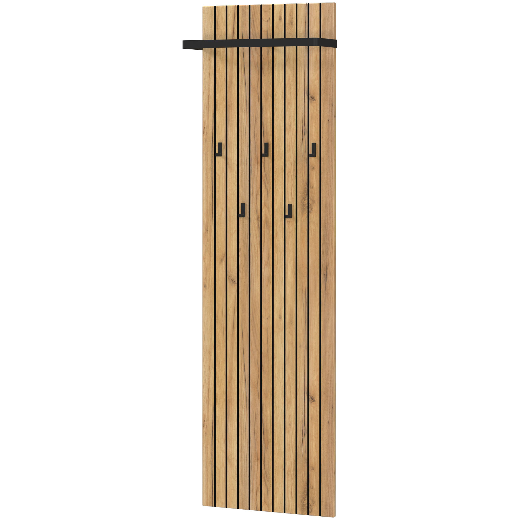 Garderobenpaneel aus Holz in Eiche-Optik mit schwarzen Haken.