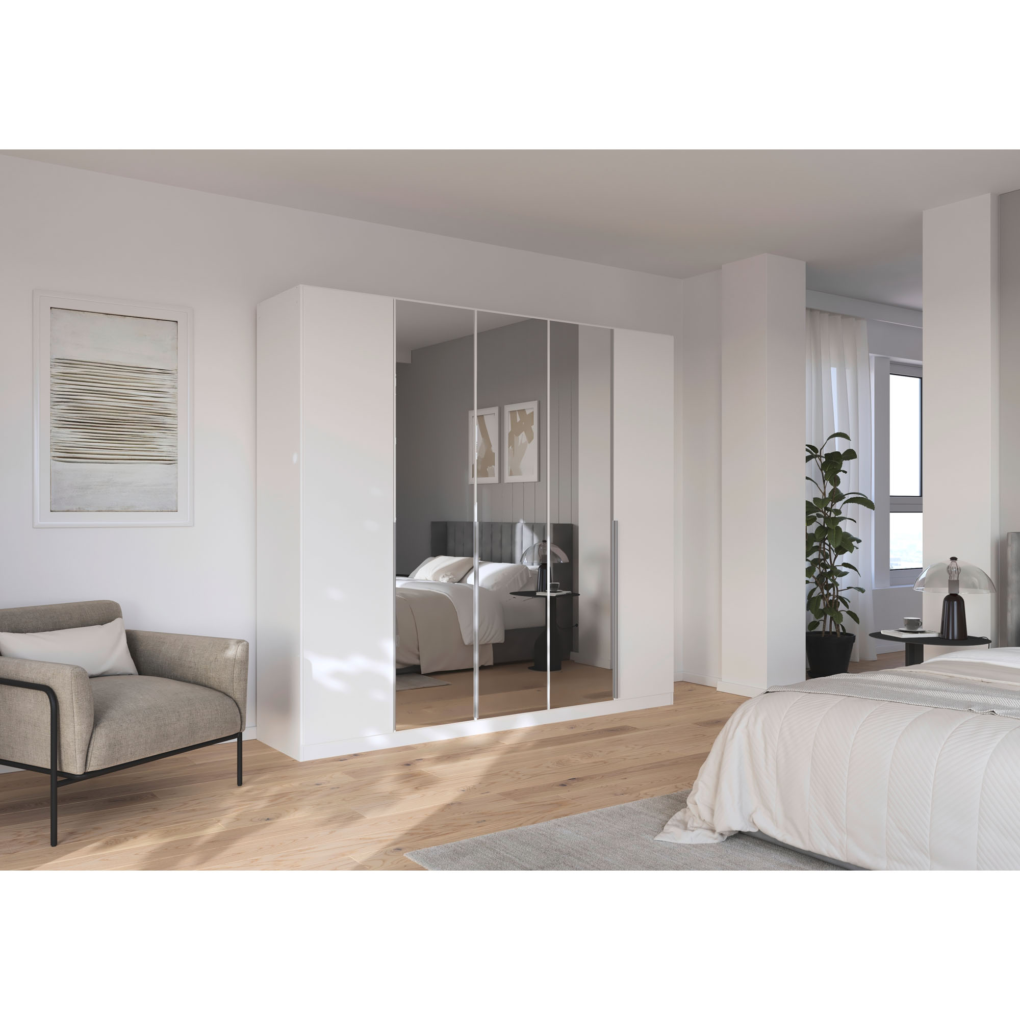Weißer Kleiderschrank mit Spiegeltüren in einem stilvoll eingerichteten Schlafzimmer mit Bett und dekorativen Elementen
