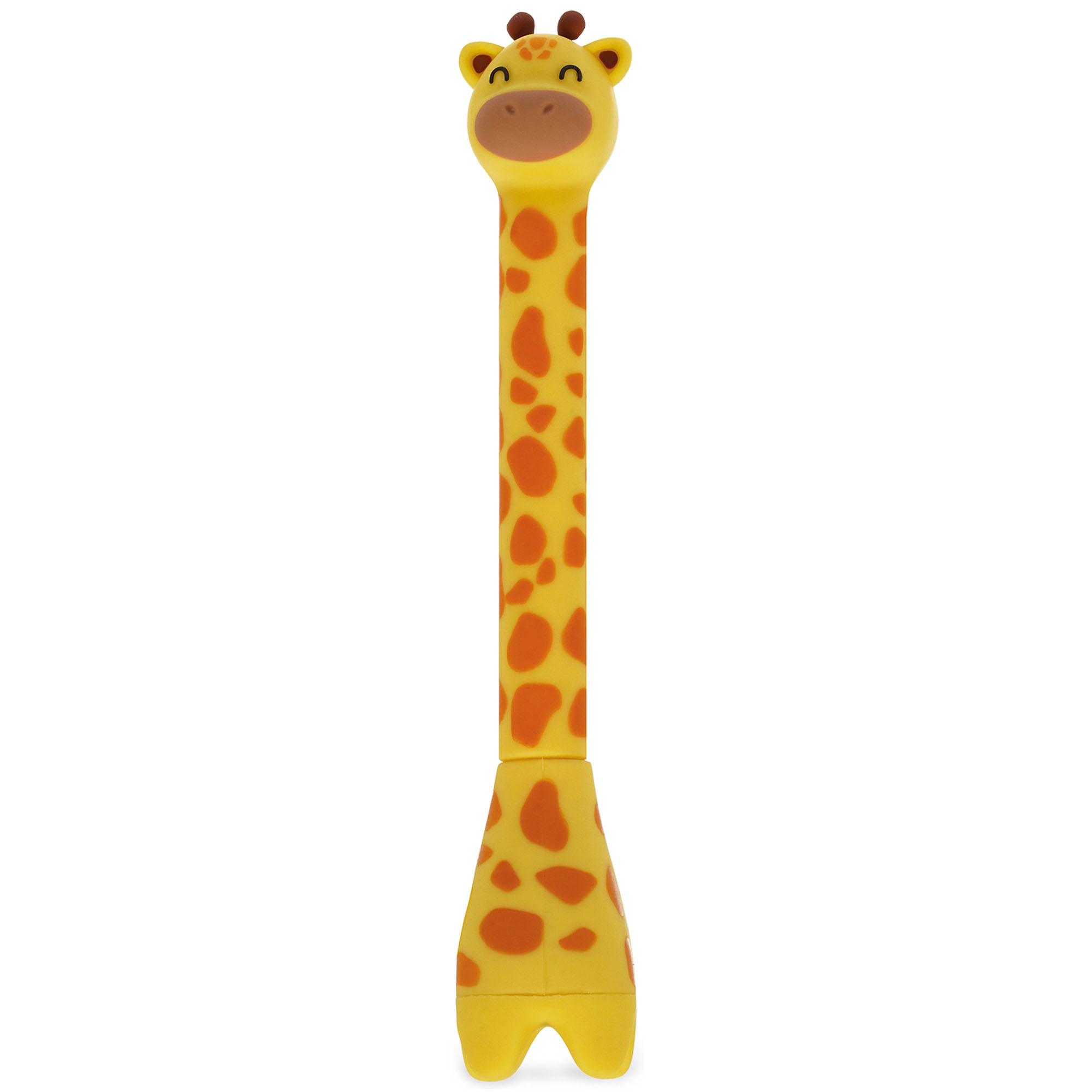 Gelber Kugelschreiber mit Giraffen-Standfuß, senkrecht in den passenden Tier-Standfuß eingesetzt gezeigt.