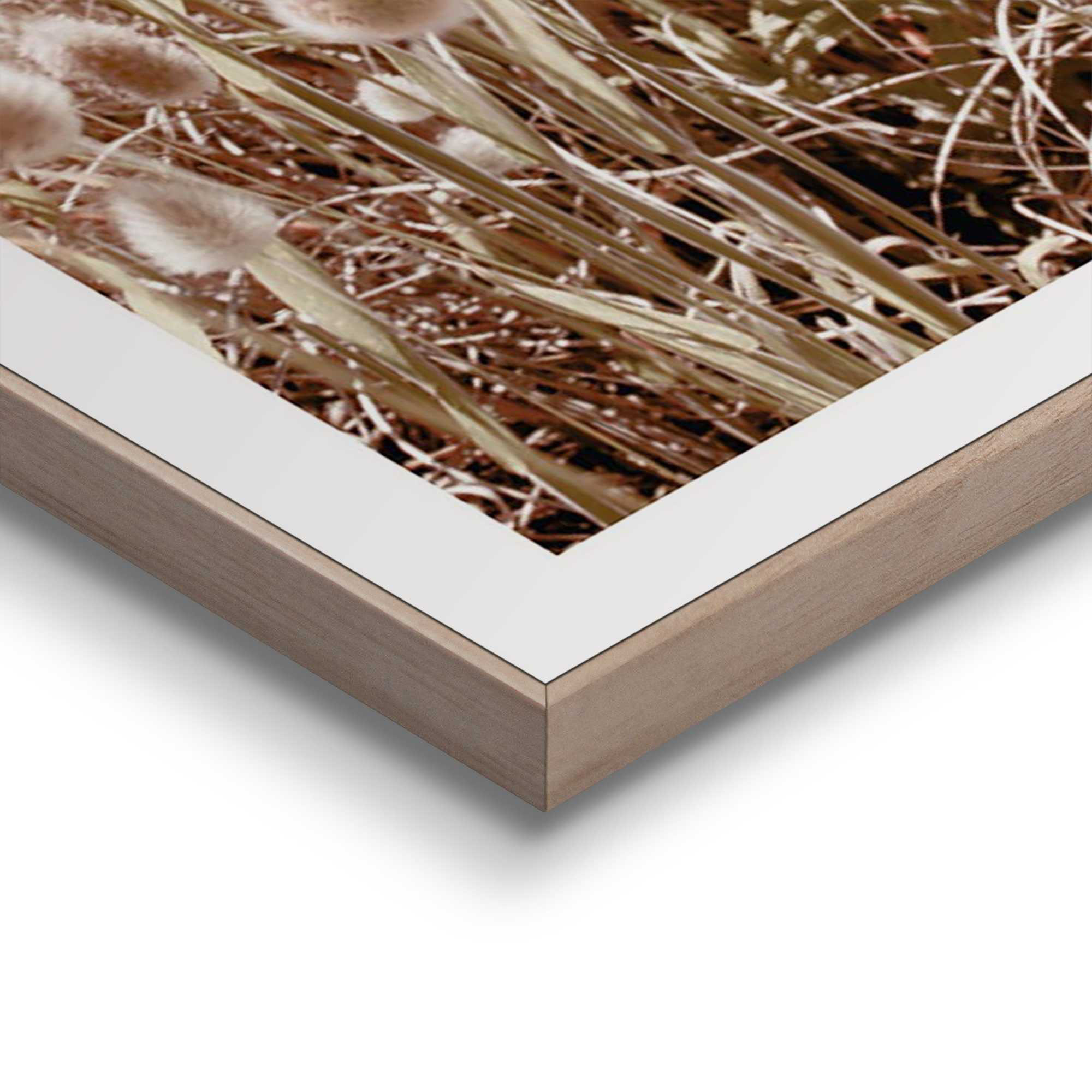Detailaufnahme einer Ecke des Wandbilds „Dune Beach“, 50 × 50 cm; Oberfläche, Kante und Materialstärke sind sichtbar.