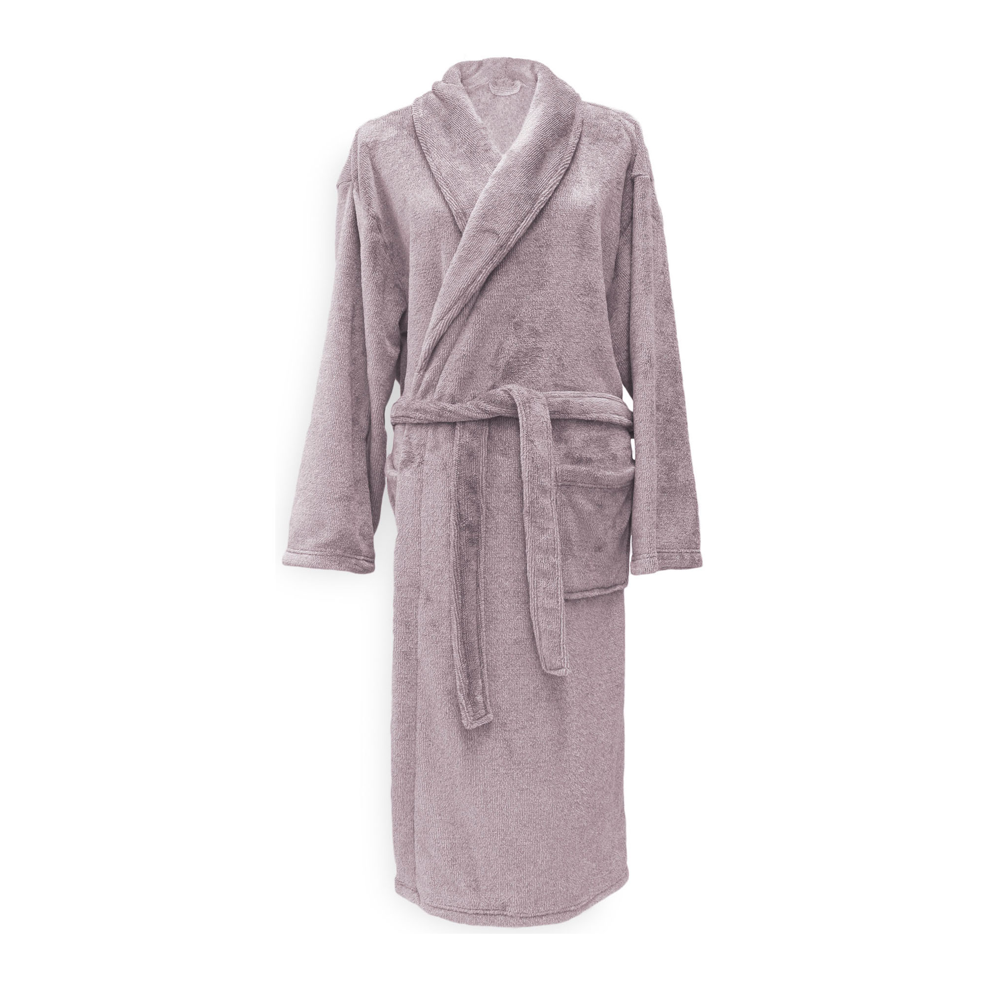 Cara Bademantel in Pale Pink, Größe S: langer Bademantel aus einfarbigem, flauschig wirkendem Stoff, mit Schalkragen, Bindegürtel und Taschen in Ganzansicht.
