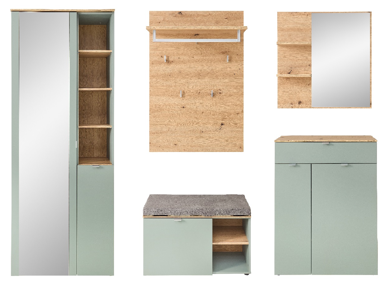 Fünfteiliges Garderoben-Set bestehend aus hohem Schrank mit Spiegel, Wandpaneel mit Haken und Ablage, Wandspiegel mit zwei kleinen Ablagen, Schuhschrank und Sitzbank. Alle Elemente in mintgrün und Holz kombiniert, frontal nebeneinander stehend vor weißem 