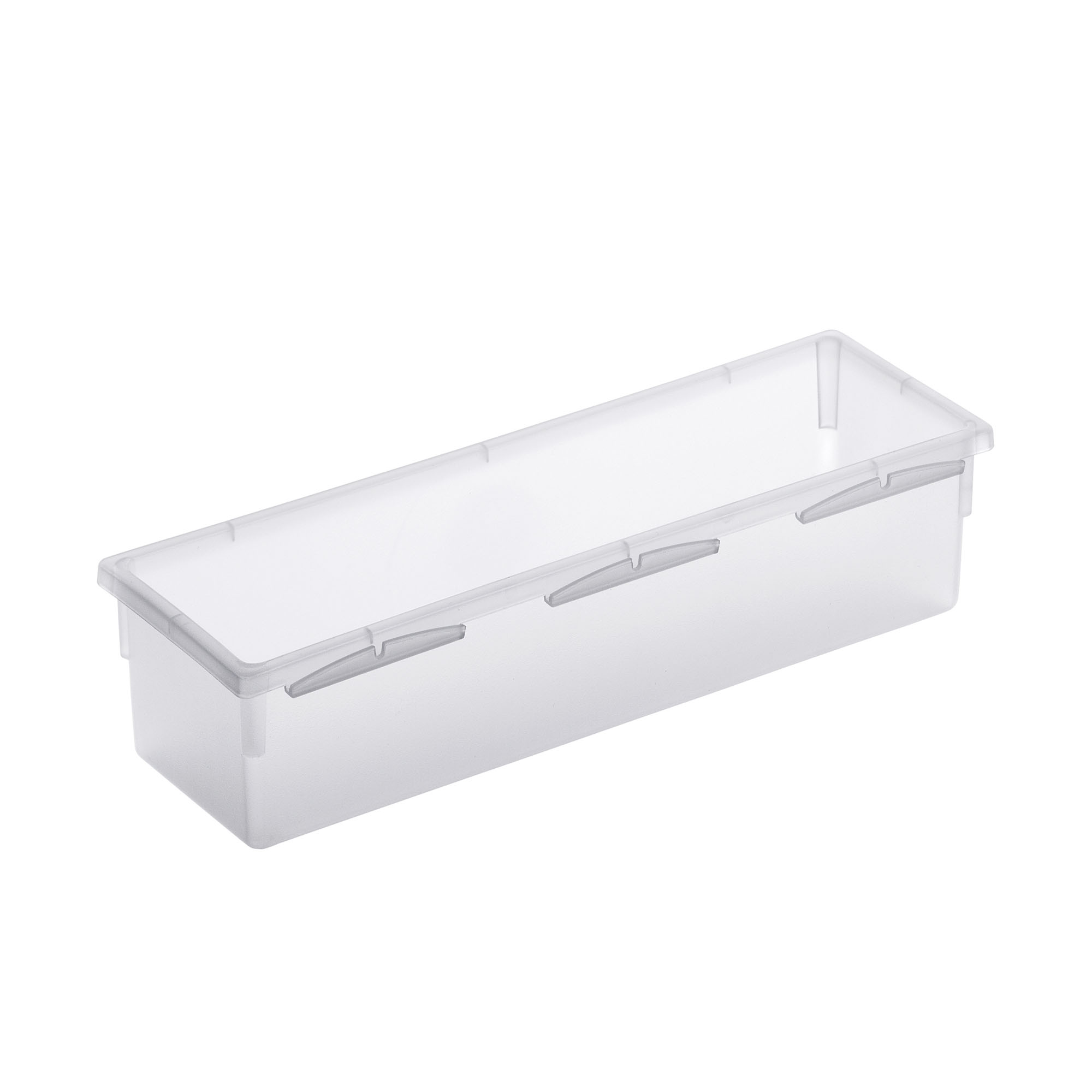 Schmale rechteckige Aufbewahrungsbox aus transparentem Kunststoff ohne Deckel