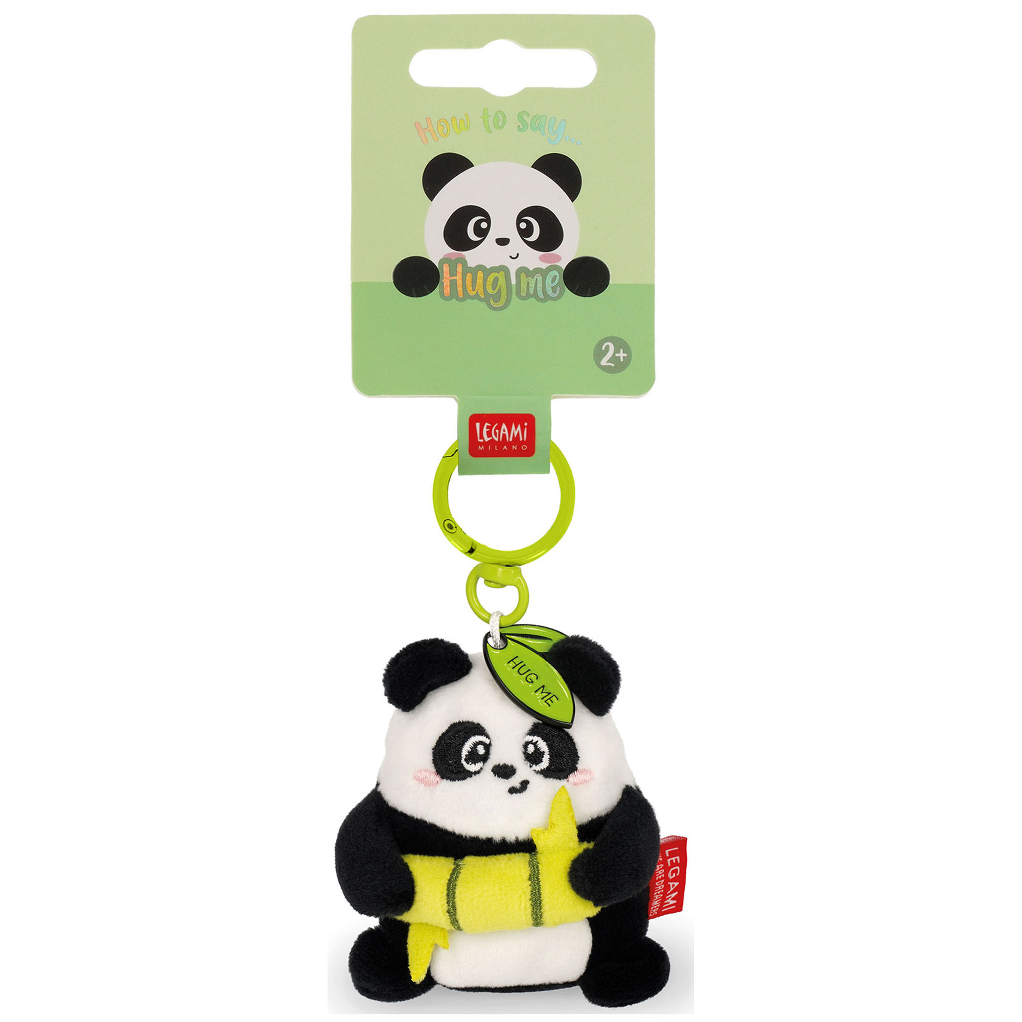 Panda-Plüsch-Schlüsselanhänger mit Bambus, an der Vorderseite der Kartonaufhängung gezeigt.