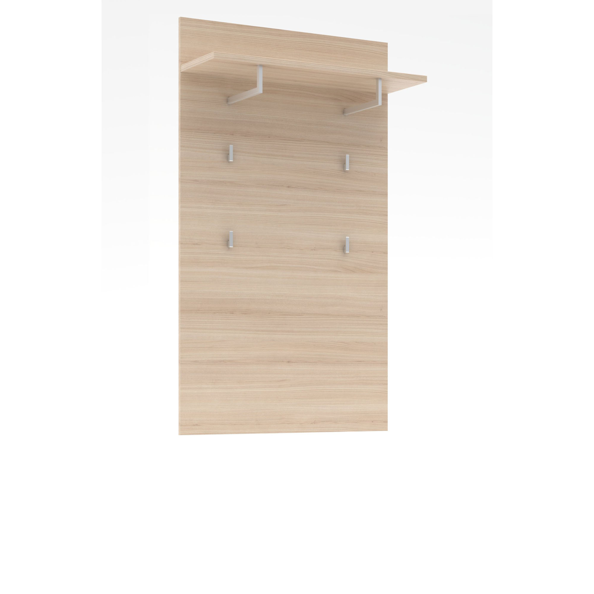 Schräg seitliche Ansicht eines Garderobenpaneels aus hellem Holz mit oberer Ablage und mehreren Metallhaken.