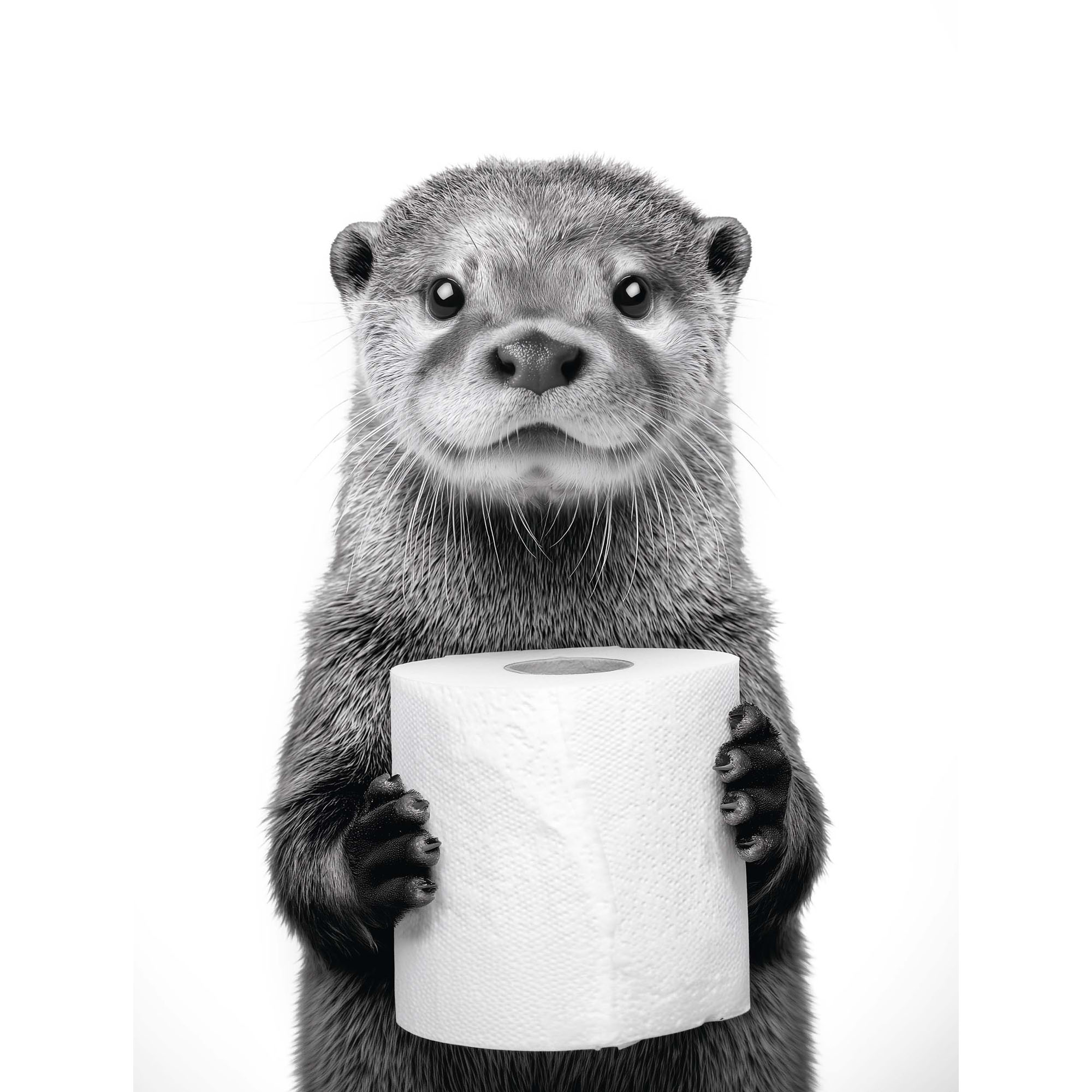 Schwarz-weißes Tierbild mit einem aufrecht stehenden Otter, der eine weiße Tasse mit beiden Vorderpfoten vor weißem Hintergrund hält