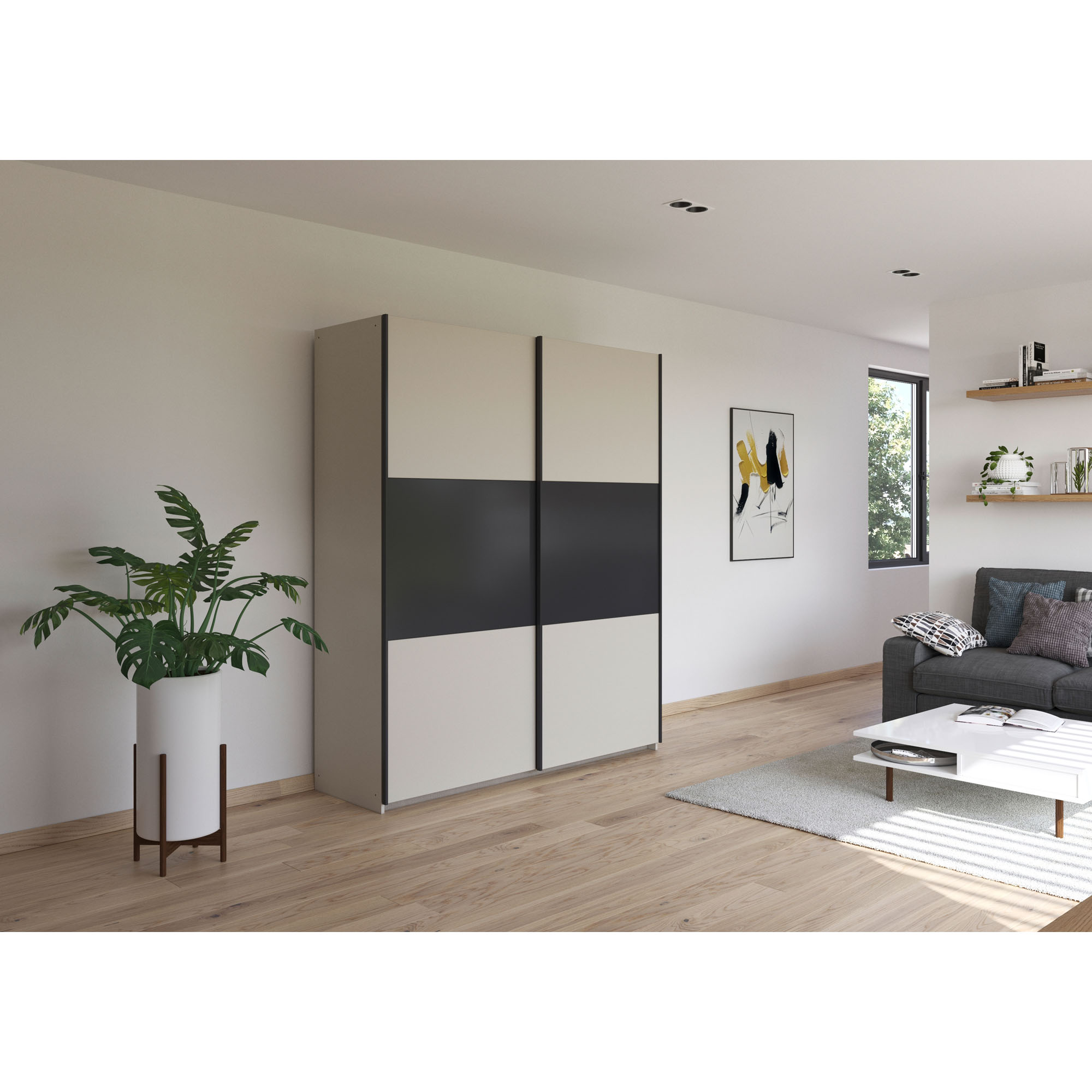 Schwebetürenschrank mit Champagner-Absetzung und Front in Grau Metallic, in einem Schlafzimmer-Milieu gezeigt.