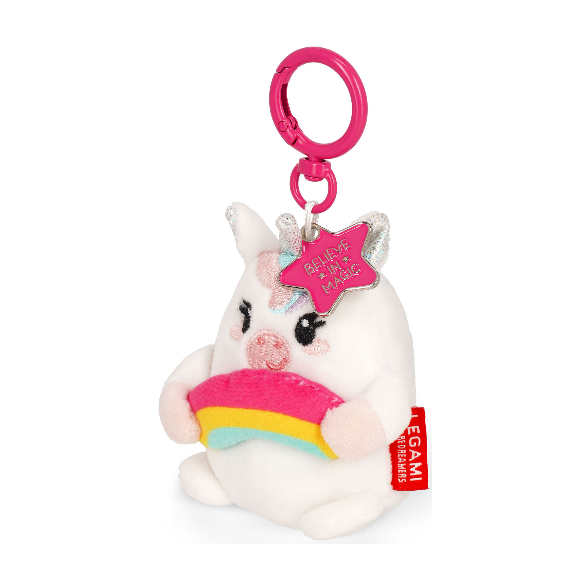 Einhorn-Plüsch-Schlüsselanhänger, leicht seitlich mit Schlüsselring gezeigt.
