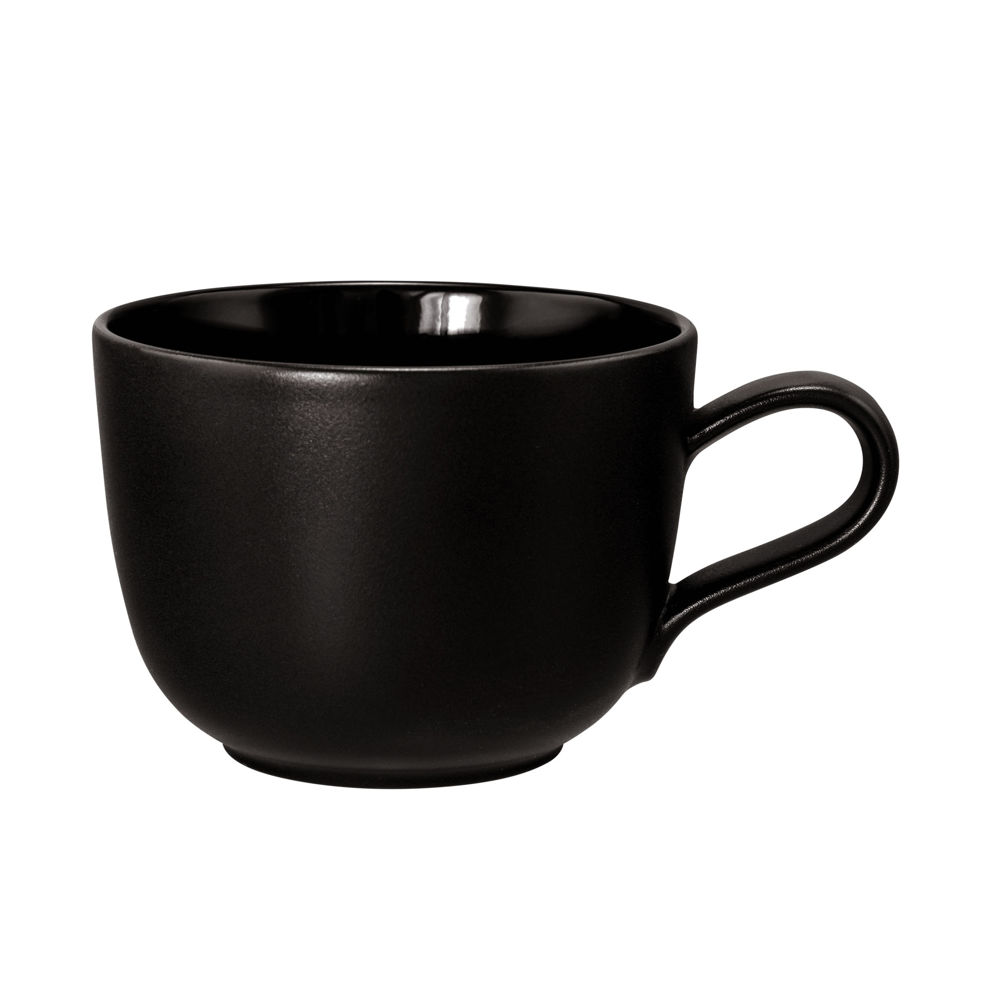 Tasse in Mattschwarz; Seitenansicht. Sichtbare Gestaltung: runde Form mit Henkel und leichtem Standfuß.