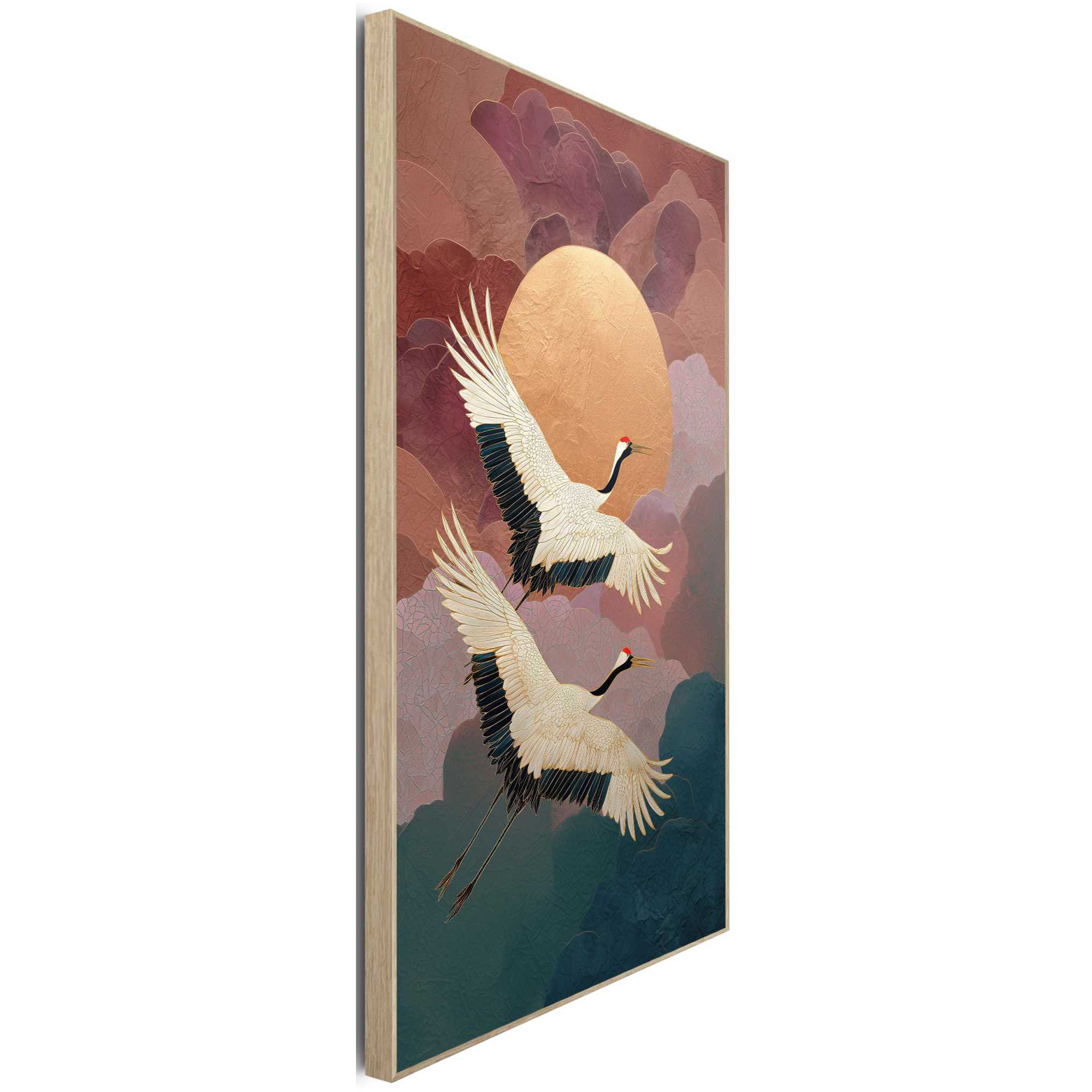 Seitliche Schrägansicht des Wandbilds „Migrating Cranes“, 90 × 60 cm; Profil, Kante und Tiefe des Bildes sind erkennbar.