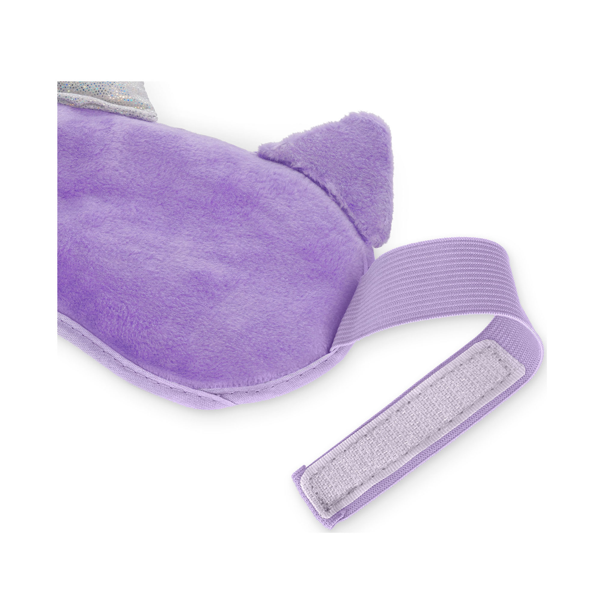 Lila Gel-Augenmaske im Einhorn-Design, von hinten mit weichem Stoff und elastischem Band gezeigt.