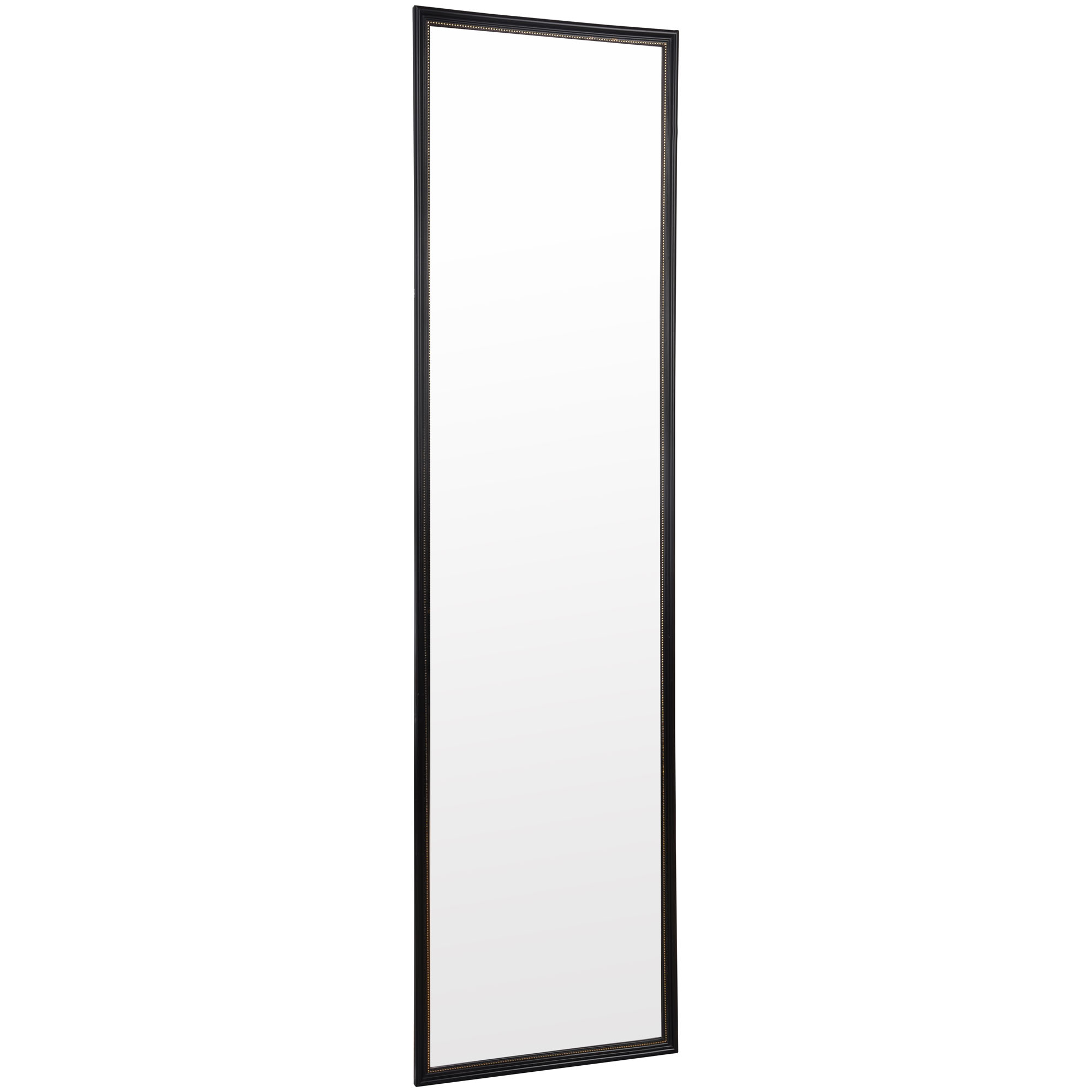 Spiegel Nadine in Schwarz, freigestellt in vollständiger Ansicht; zu sehen ist die rechteckige Spiegelfläche mit schmalem Rahmen und Zierkante; Maße ca. 33,5 x 125 x 1 cm.