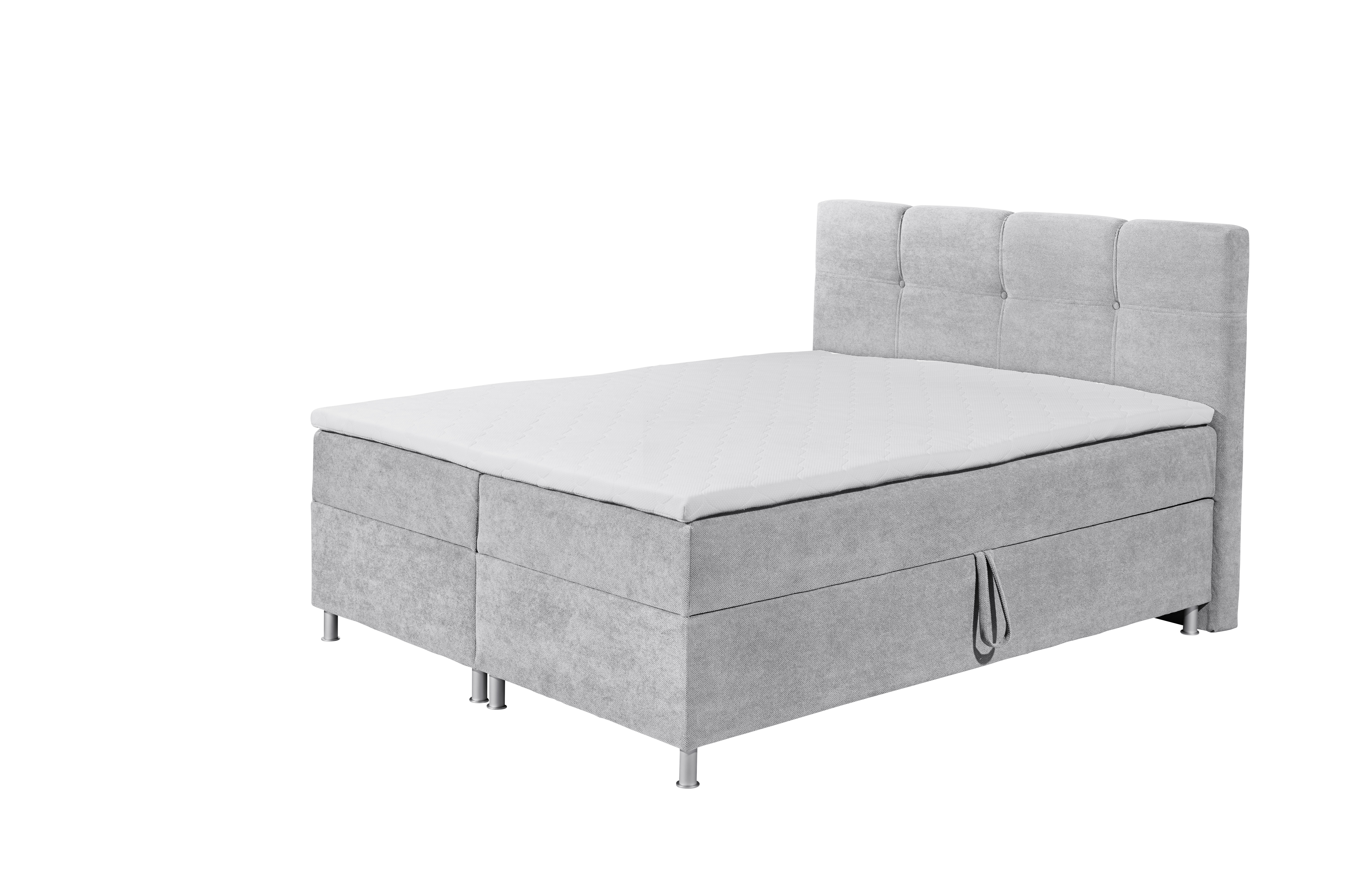 Boxspringbett „Curio 80 Silver“ mit Schaum-Topper und Bettkasten, aus schräger Perspektive fotografiert, Liegefläche ohne Kissen