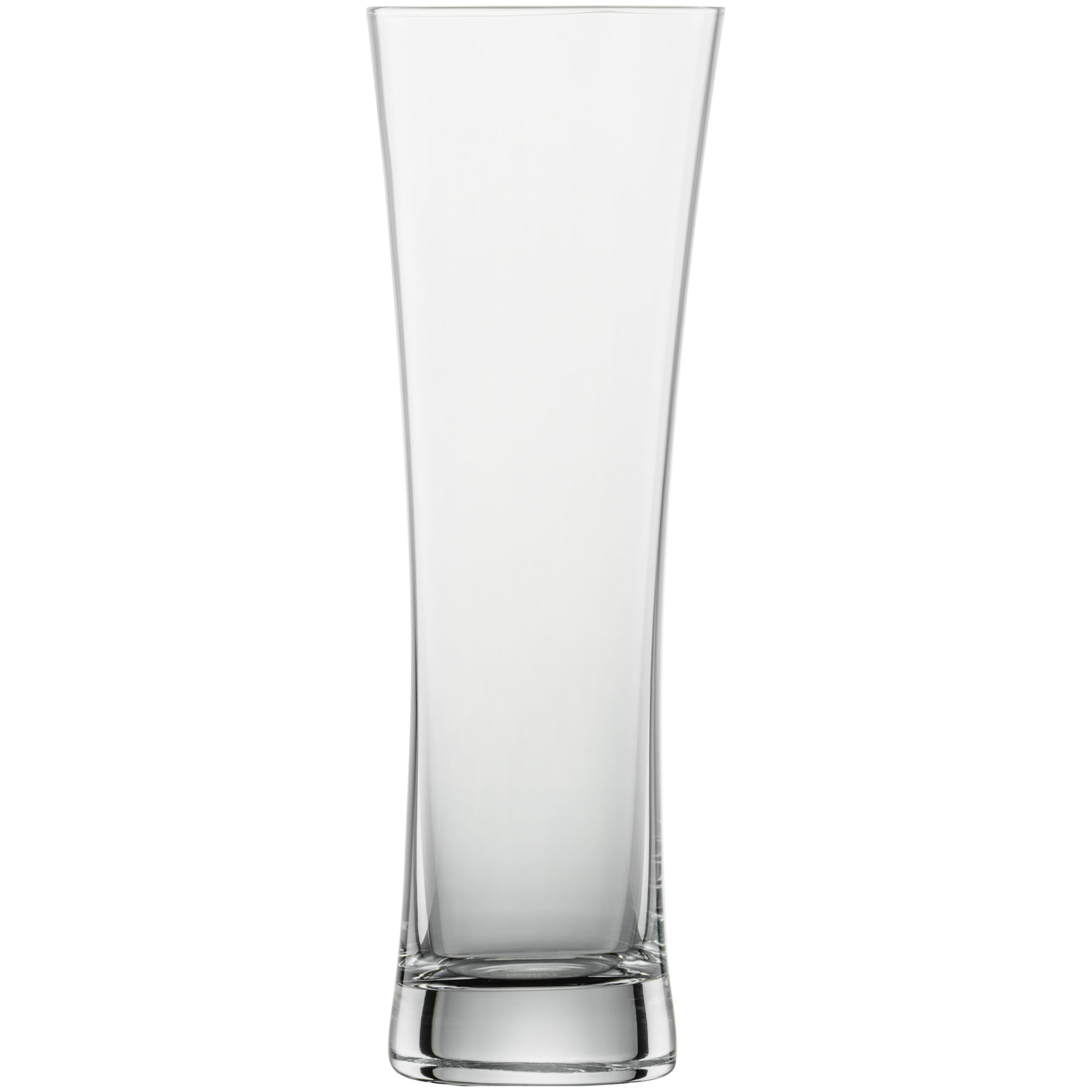 Leeres schlankes Beer-Basic-Weizenbierglas mit leicht ausgestelltem Rand und stabilem Glasboden auf weißem Hintergrund.
