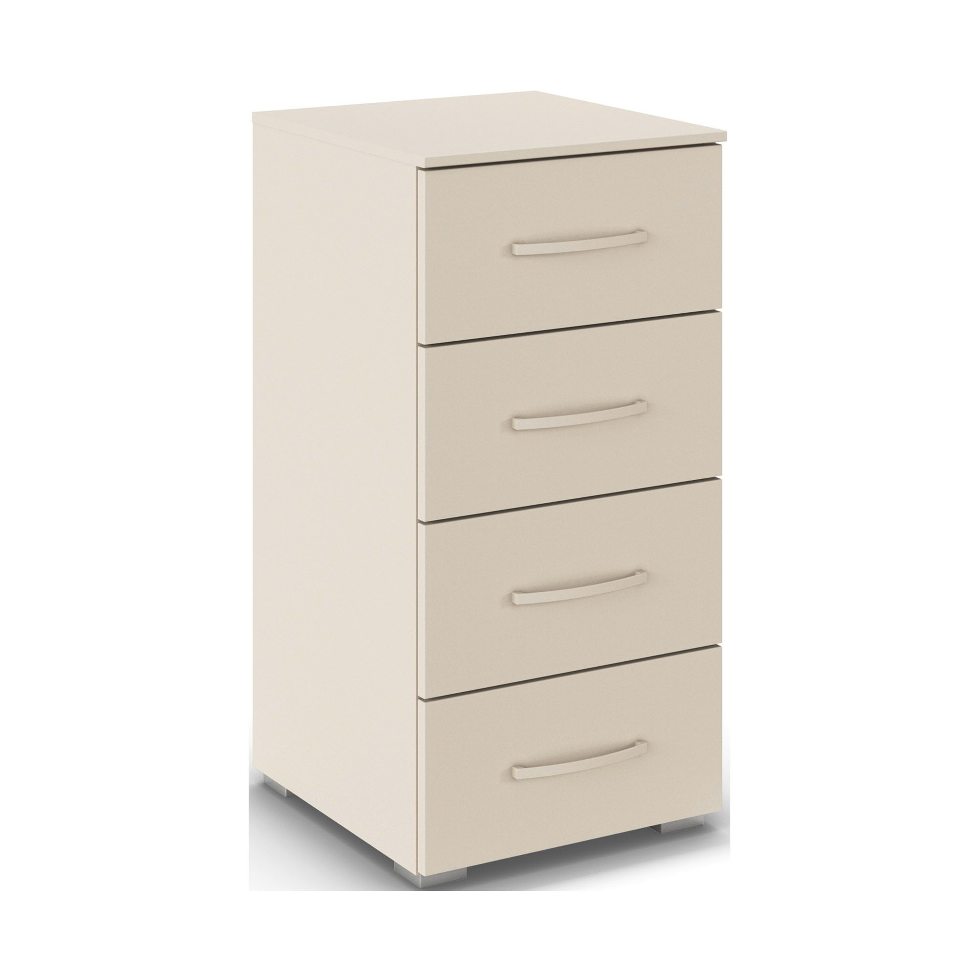 Schmale Kommode in Beige mit vier Schubladen und dezenten Griffen in modernem Design
