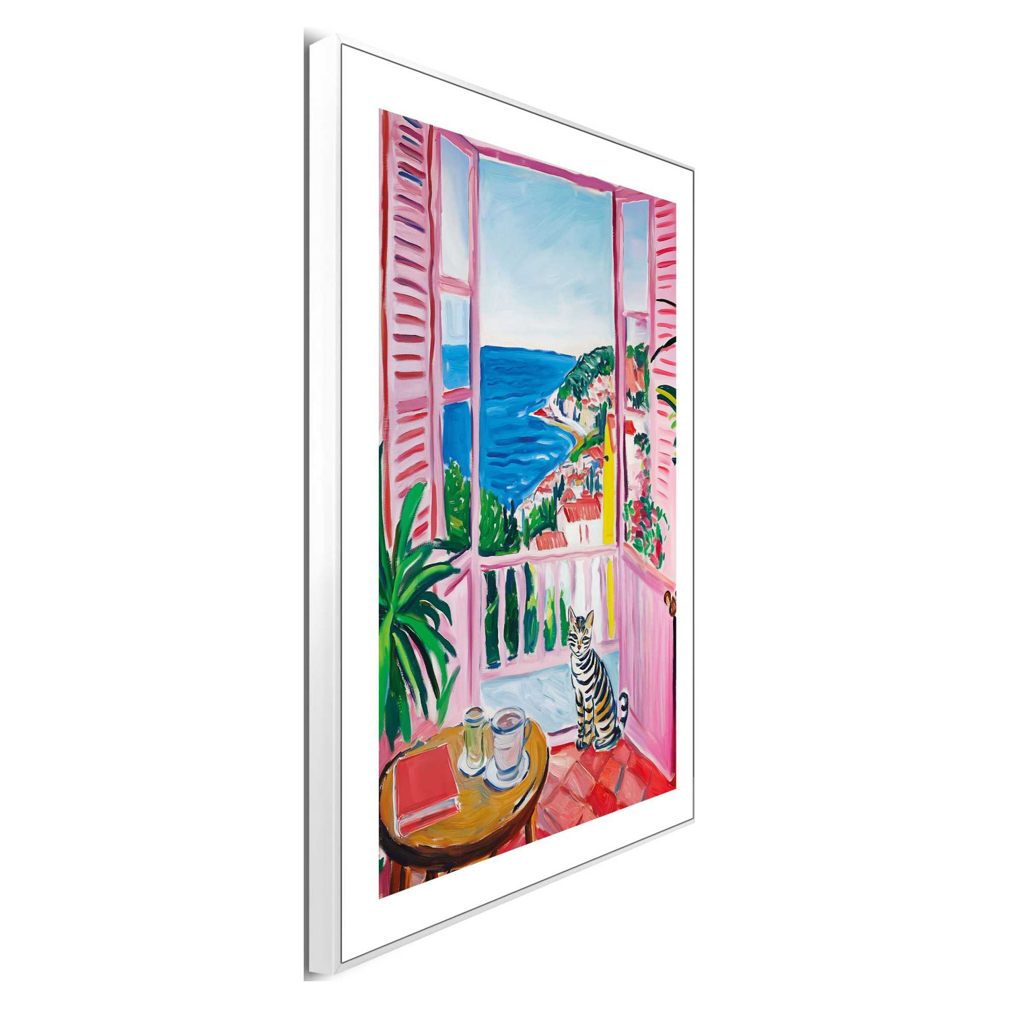 Seitliche Schrägansicht des Wandbilds „Balcony Holiday“, 30 × 40 cm; Profil, Kante und Tiefe des Bildes sind erkennbar.
