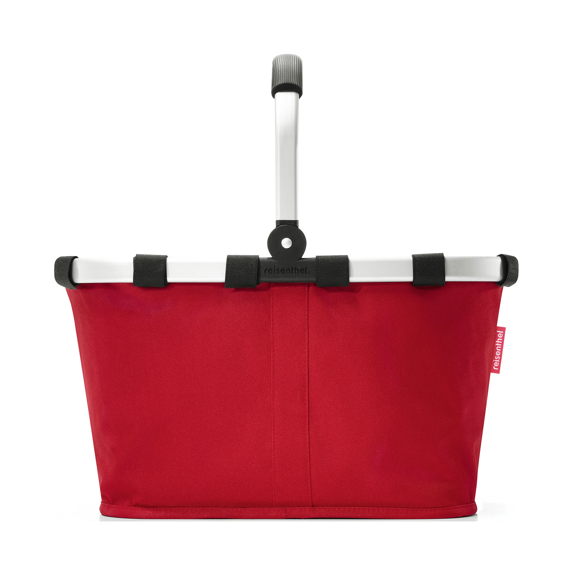 Einkaufskorb von Reisenthel, Modell Carrybag, in Rot, von hinten mit hochgestelltem Aluminiumgriff.