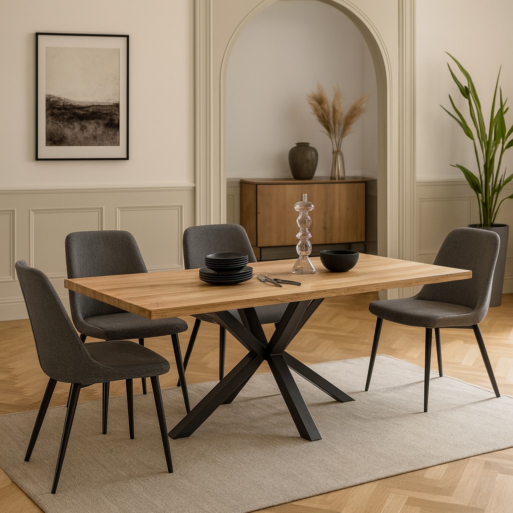 Holz-Esstisch mit schwarzem Metallgestell, umgeben von vier grauen Polsterstühlen in einem modernen Esszimmer mit Sideboard, Pflanze und Wandbild.
