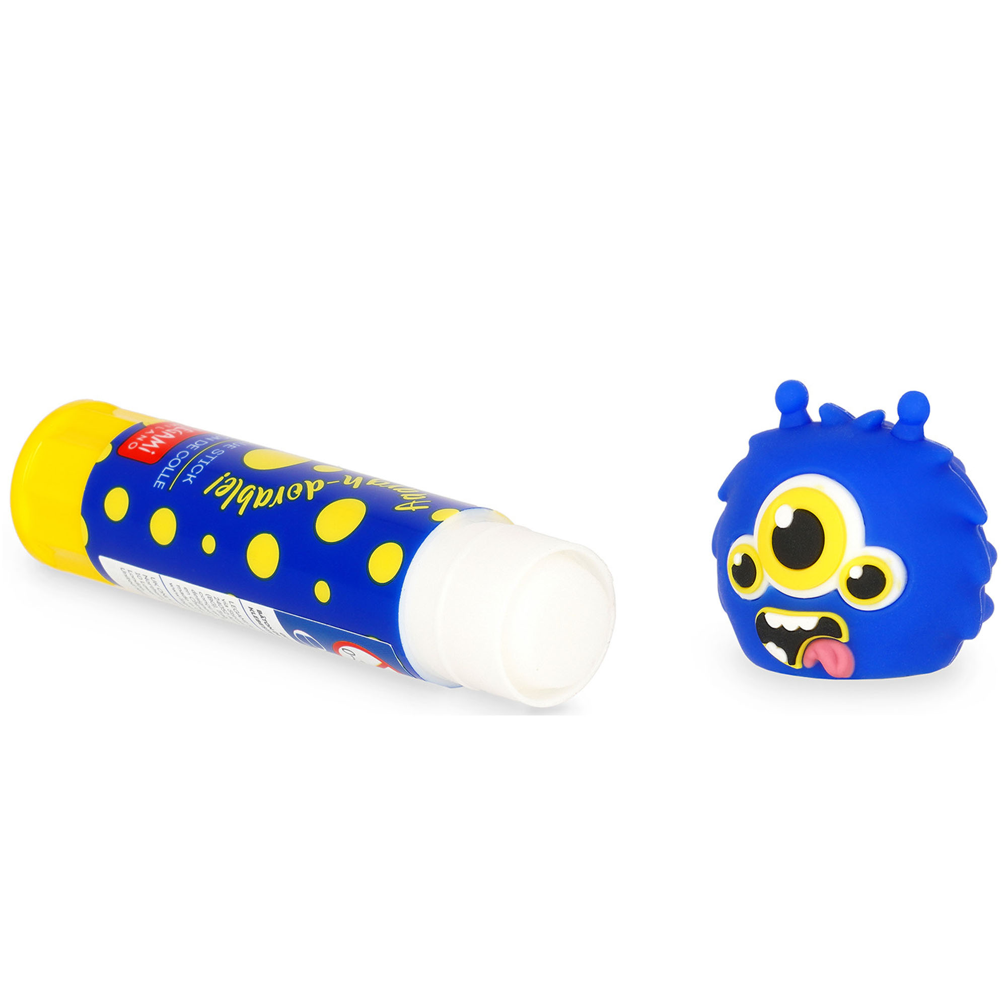 Blauer Klebestift mit Monster-Kappe, waagerecht mit sichtbarem Klebestift und separat liegender Kappe dargestellt.