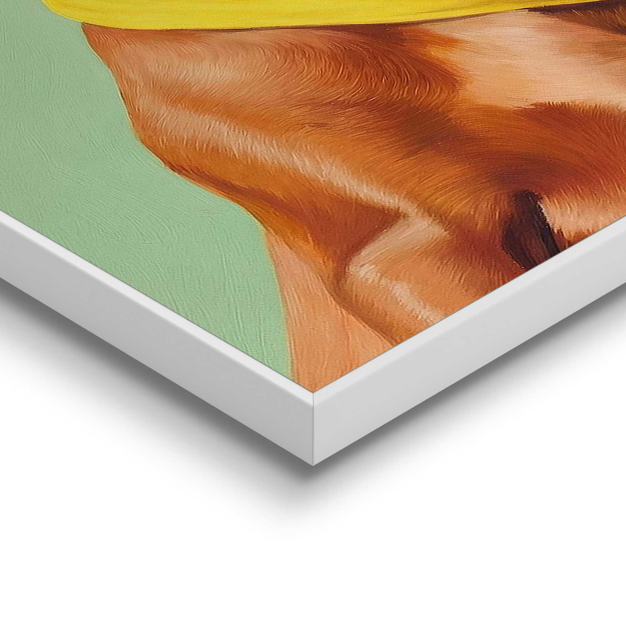 Detailaufnahme einer Ecke des Wandbilds „Funny Dachshund“, 20 × 30 cm; Oberfläche, Kante und Materialstärke sind sichtbar.