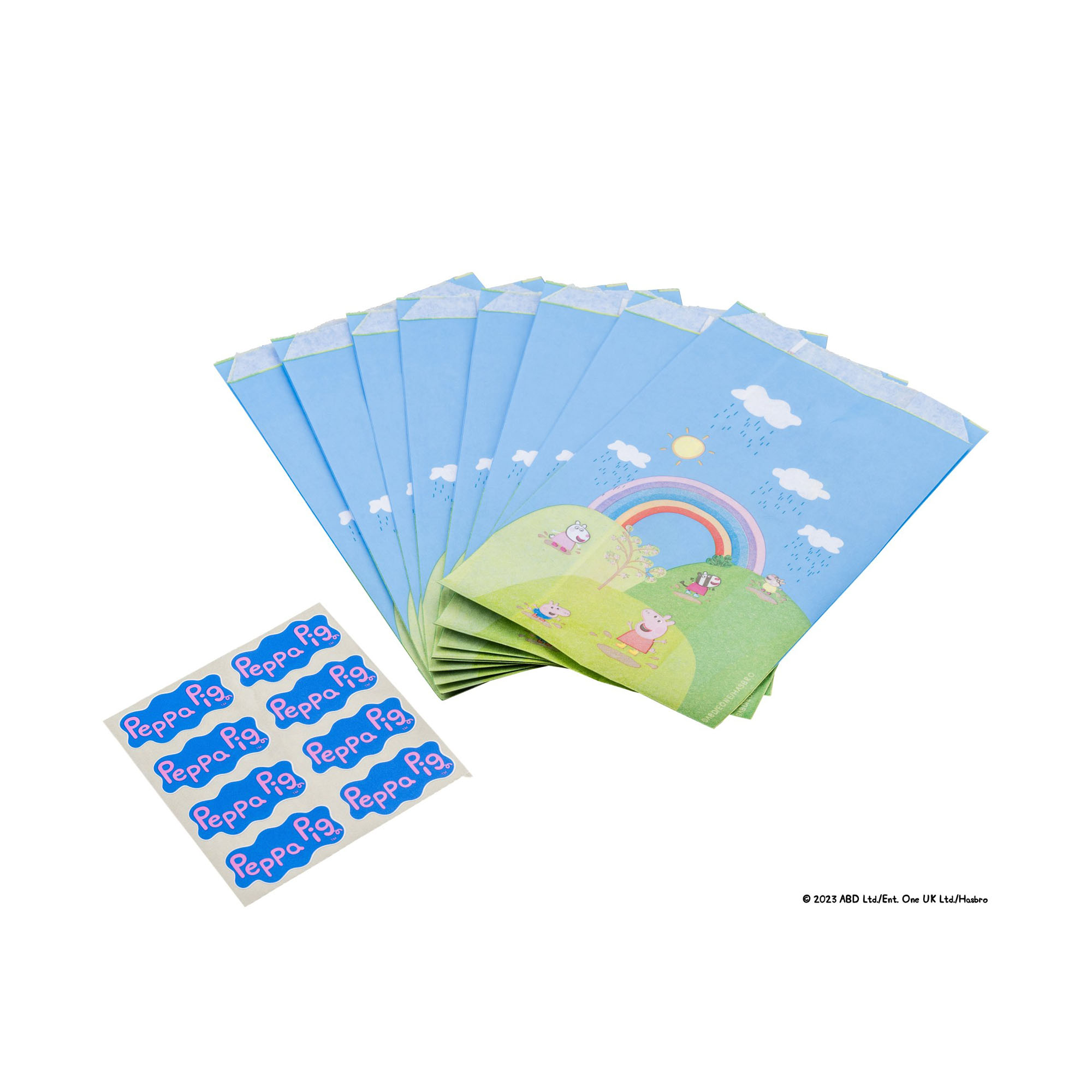 Set aus bunten Peppa Pig Partytüten mit passenden Logo Stickern