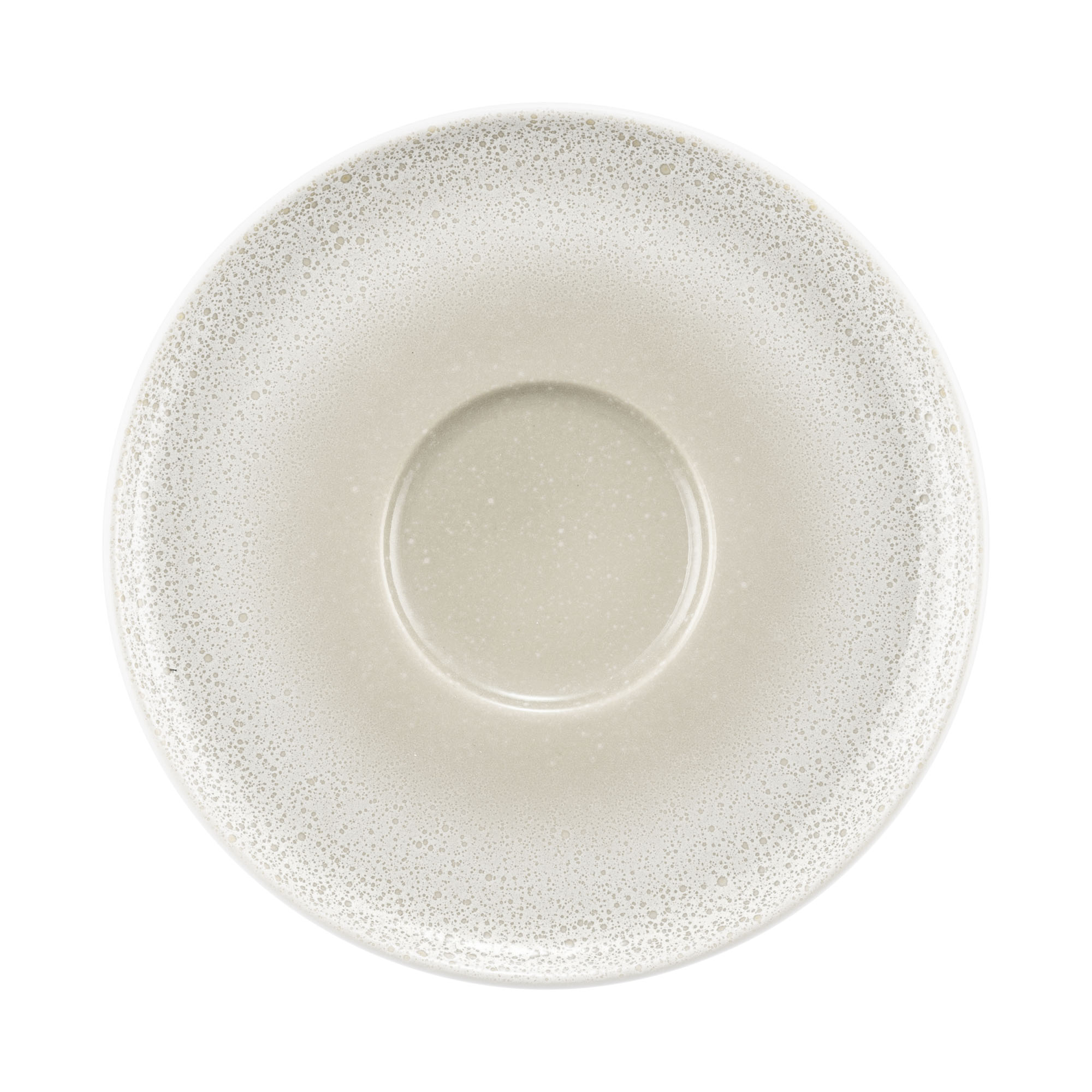 Untertasse in Grau-Beige. rund mit gesprenkeltem Rand und Tassenmulde. Ansicht: Draufsicht.