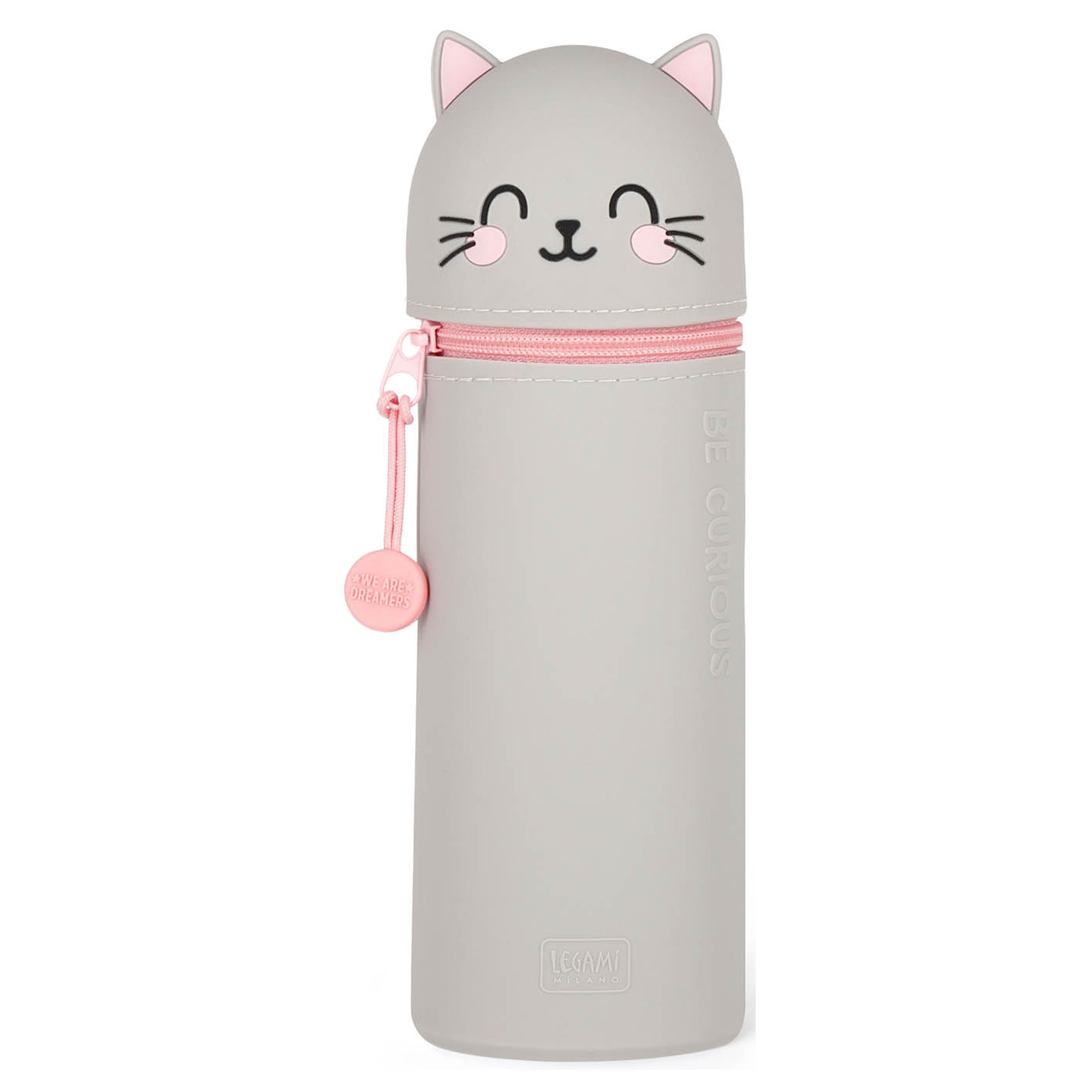 Graues 2-in-1-Silikon-Federmäppchen im Katzen-Design, geschlossen und aufrecht als Tierfigur dargestellt.