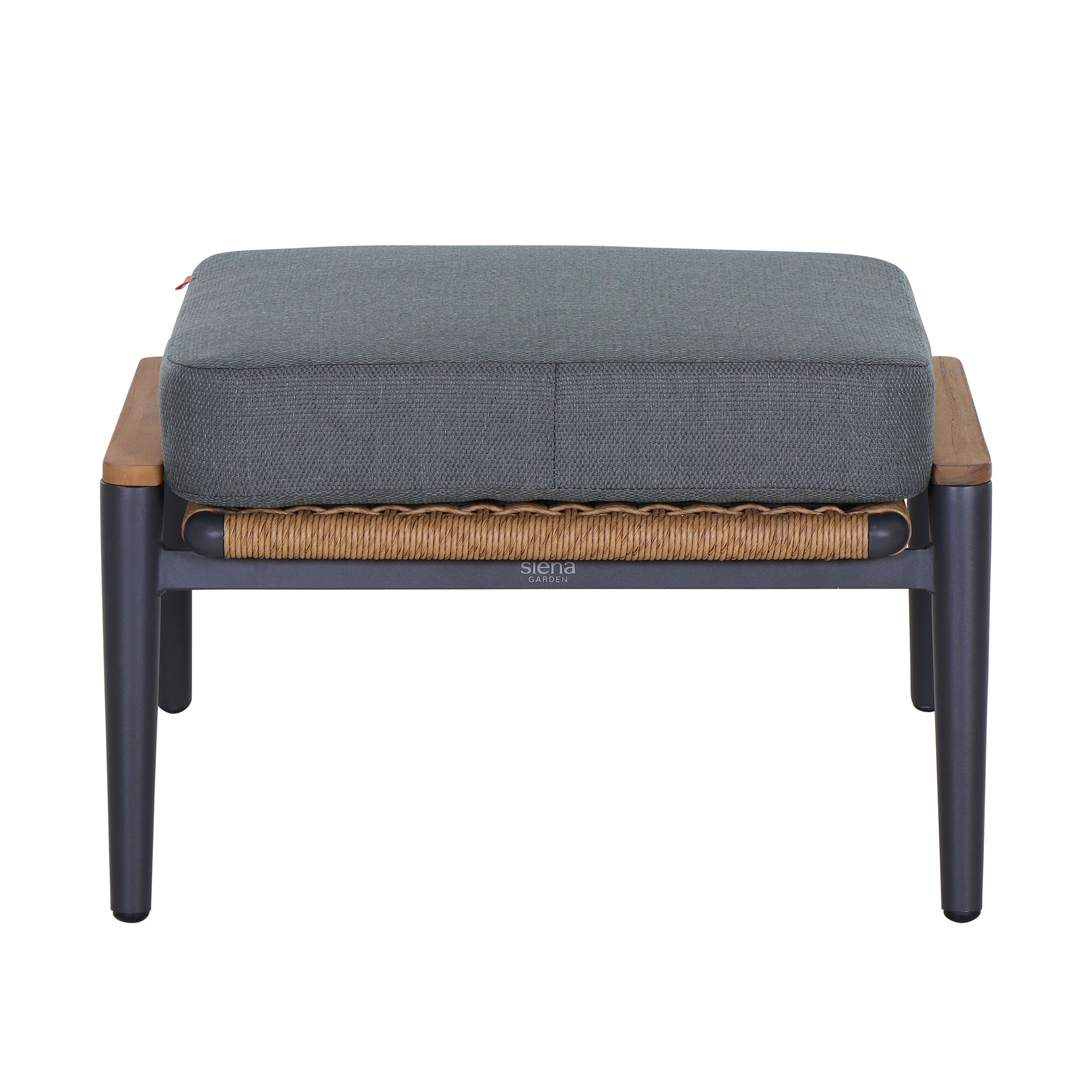 Polyrattan-Hocker mit dunkelgrauem Sitzpolster und Holzdetails, von hinten fotografiert