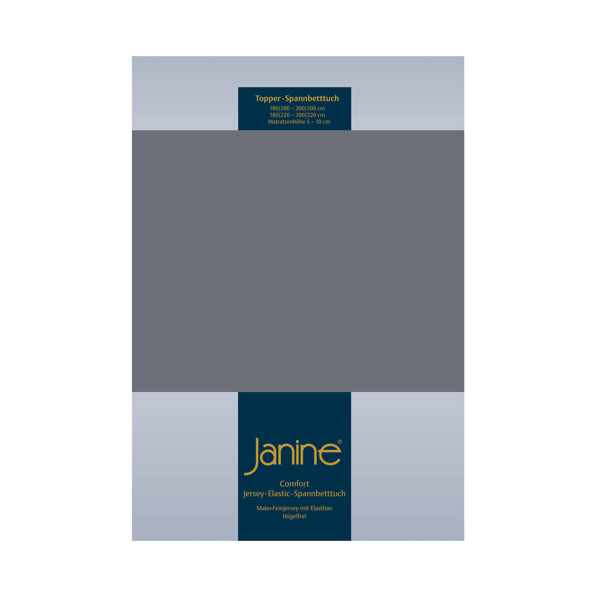 Front der Verpackung des Janine Topper-Spannbetttuchs 5001 in Opalgrau mit blauem Janine-Etikett und grauer Farbfläche.
