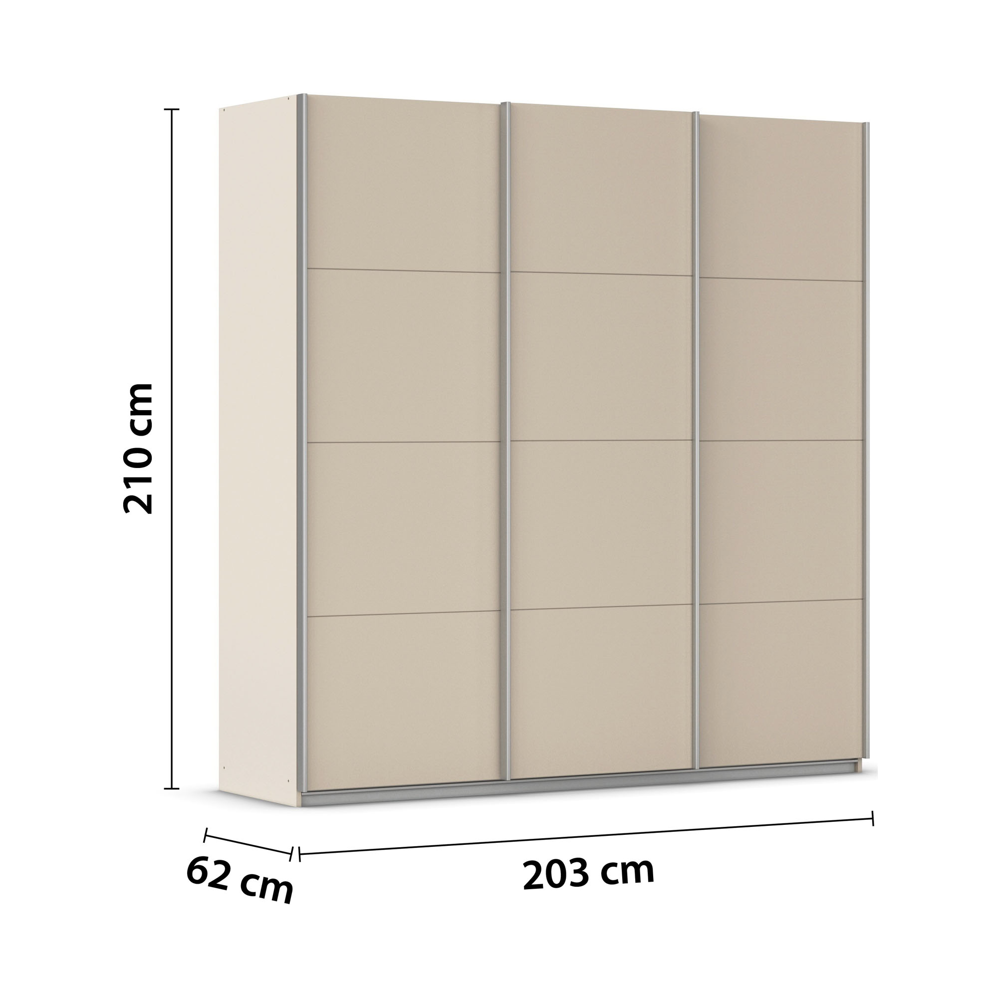 Champagnerfarbener Kleiderschrank mit eingezeichneten Maßen Höhe 210 cm Breite 203 cm Tiefe 62 cm