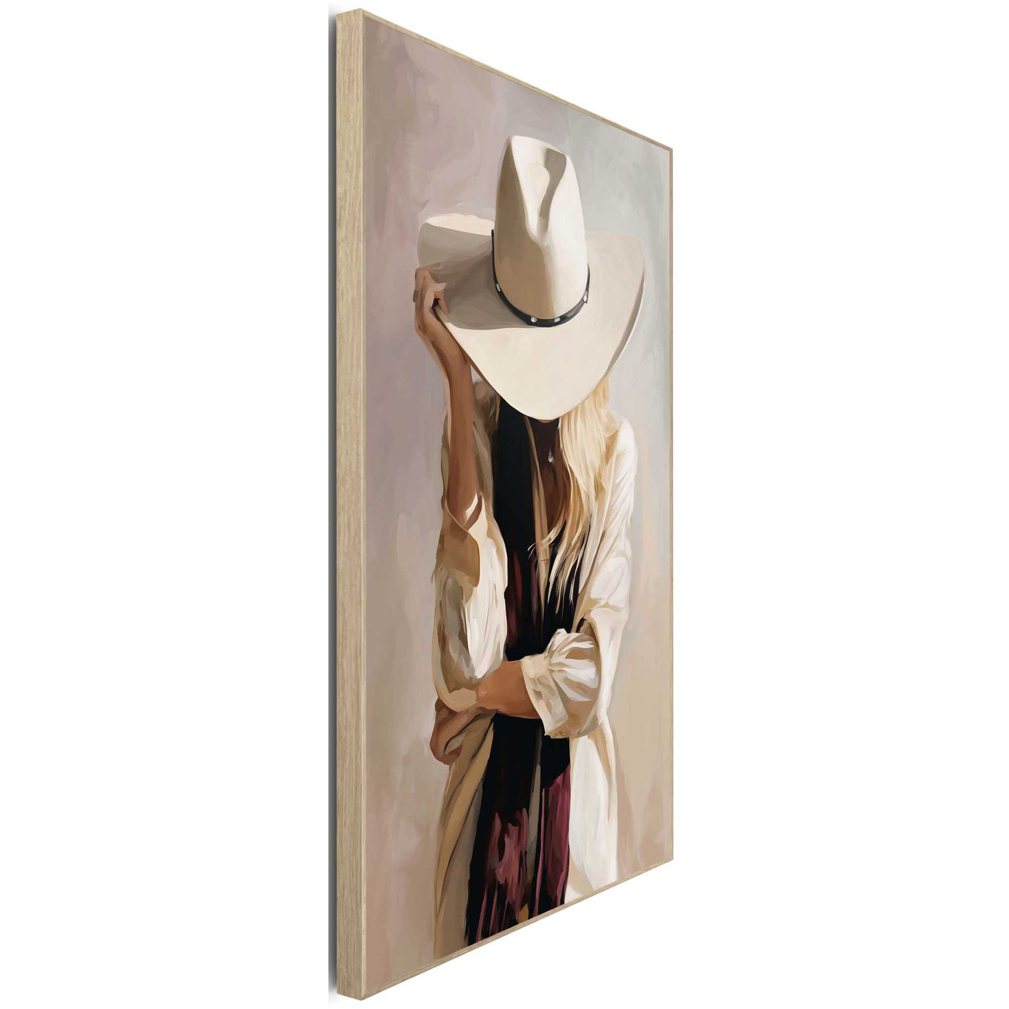 Seitliche Schrägansicht des Wandbilds „Relaxed Cowgirl“, 90 × 60 cm; Profil, Kante und Tiefe des Bildes sind erkennbar.