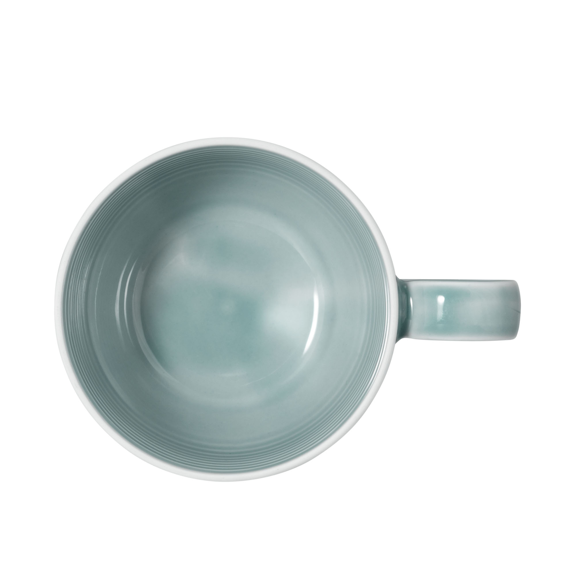Draufsicht: Tasse in Hellblau. Erkennbar: runde Form mit feinen waagerechten Rillen.