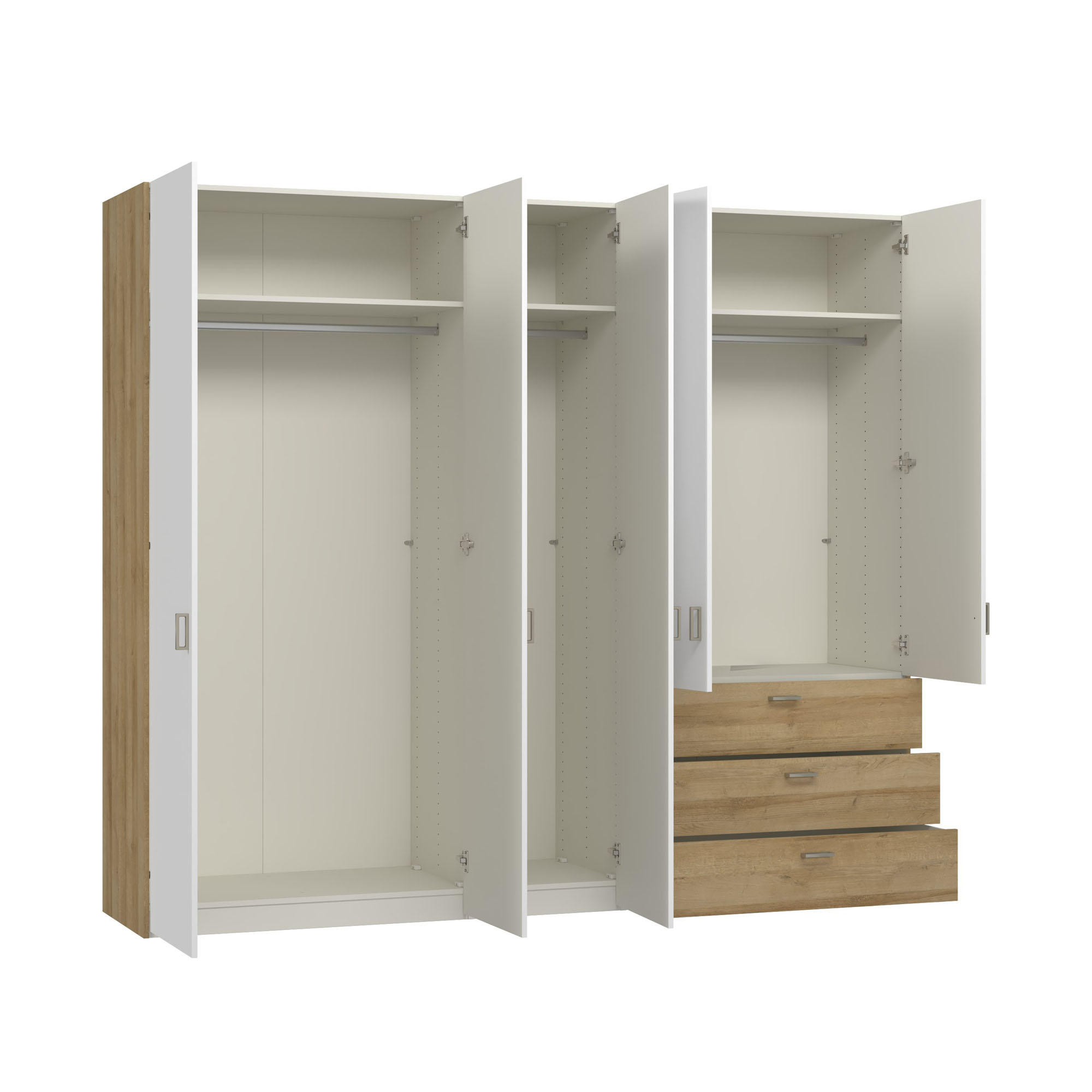 Kleiderschrank mit geöffneten Drehtüren zeigt Innenaufteilung mit Einlegeböden und Kleiderstangen