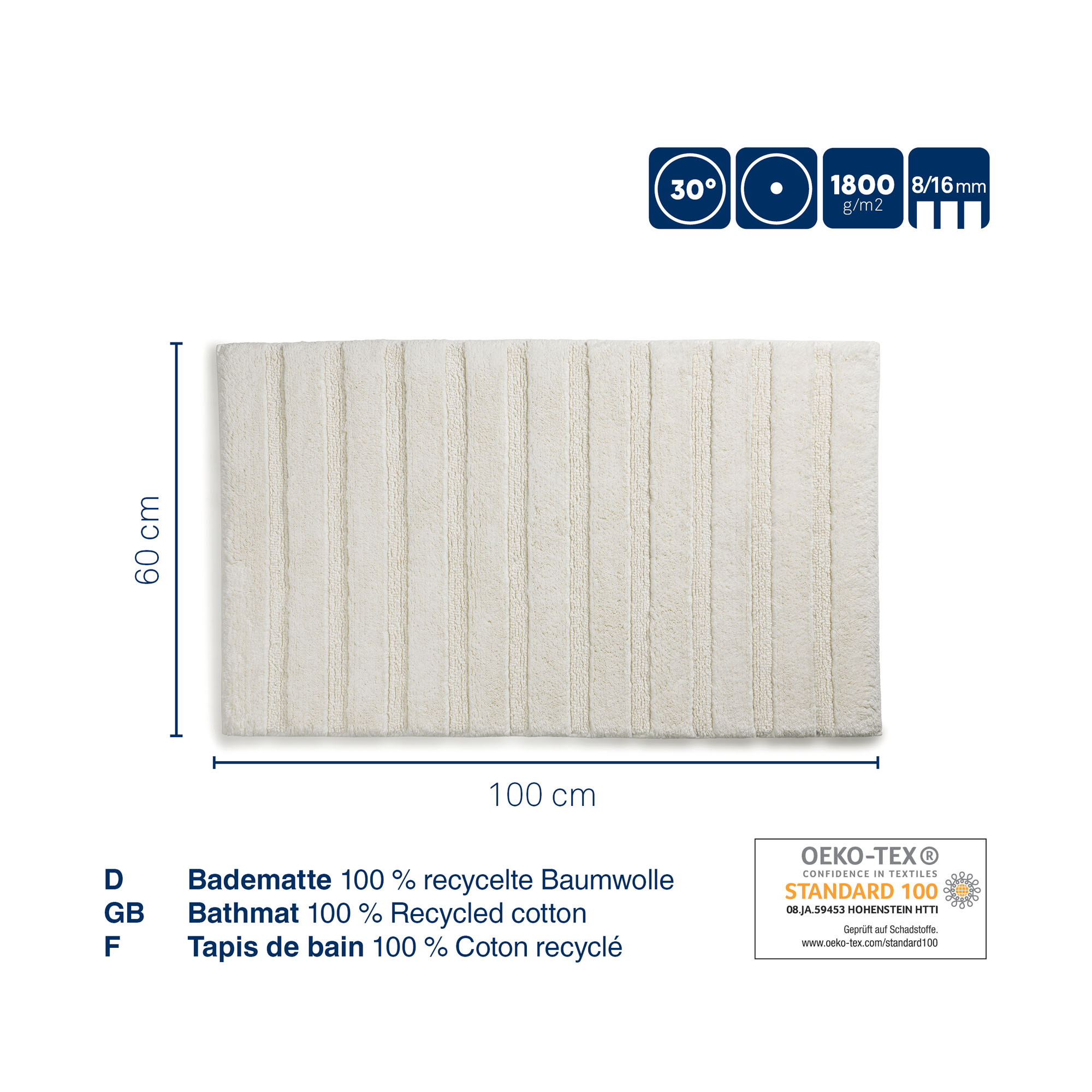 Offwhite Darstellung der Megan-Badematte mit Maßlinien für 60 × 100 cm sowie Pflege- und Baumwollhinweisen.