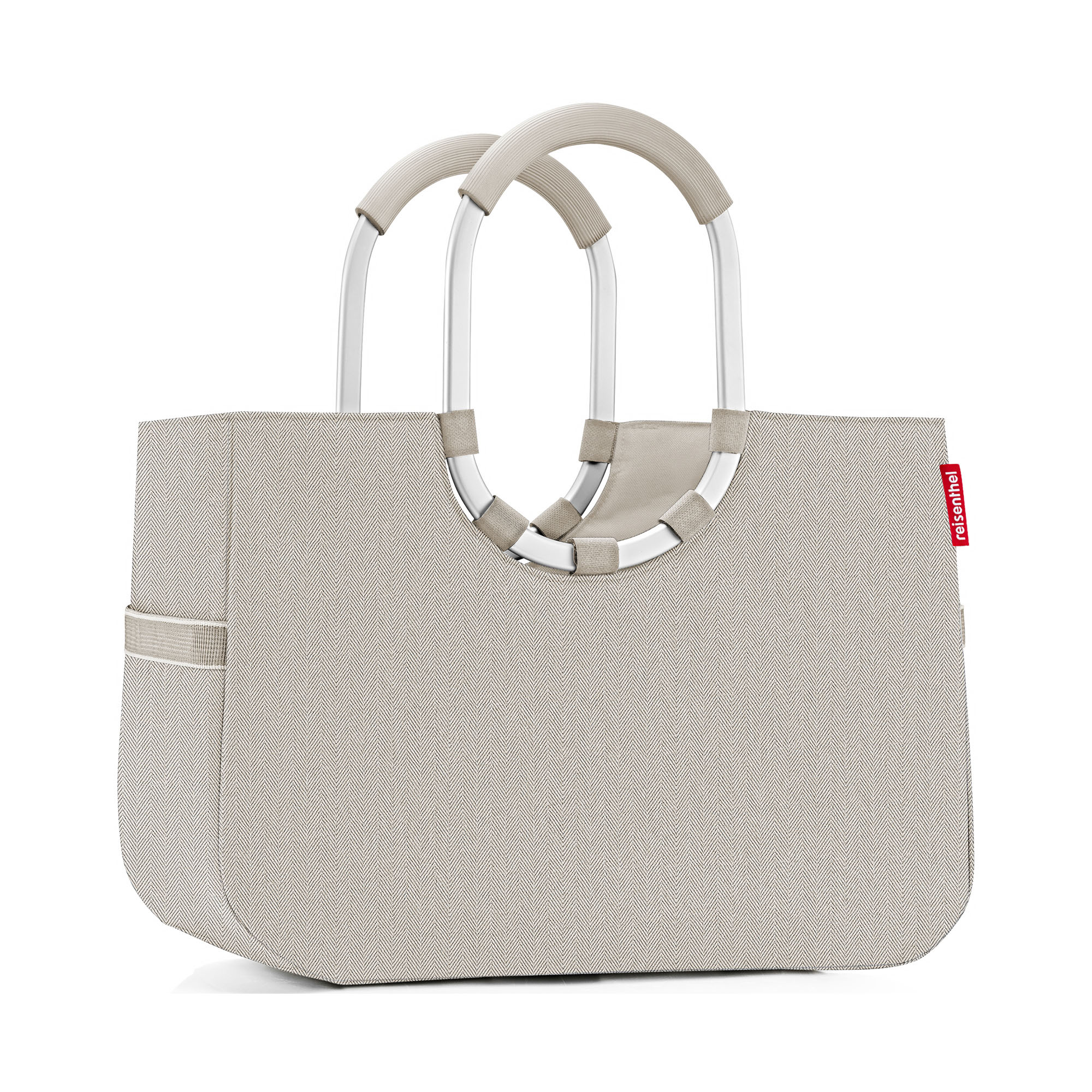 Beige Reisenthel Einkaufstasche mit feinem Fischgrätmuster und stabilen ovalen Aluminiumgriffen