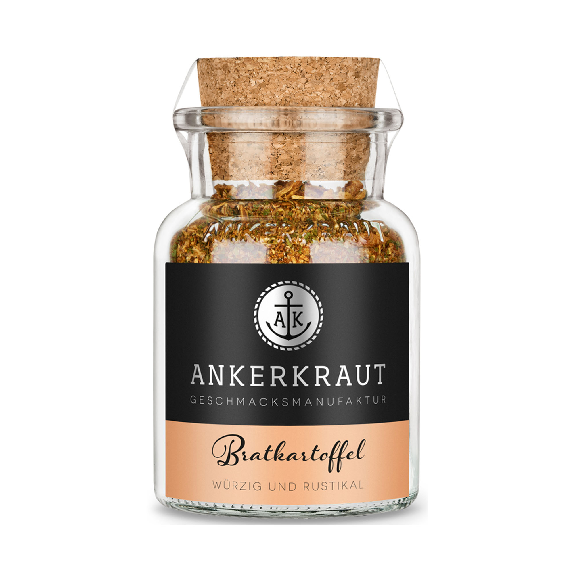 Ankerkraut Bratkartoffel-Gewürz in einem niedrigen Glas mit Korkverschluss und schwarzem Etikett mit beigefarbenem Schriftfeld.