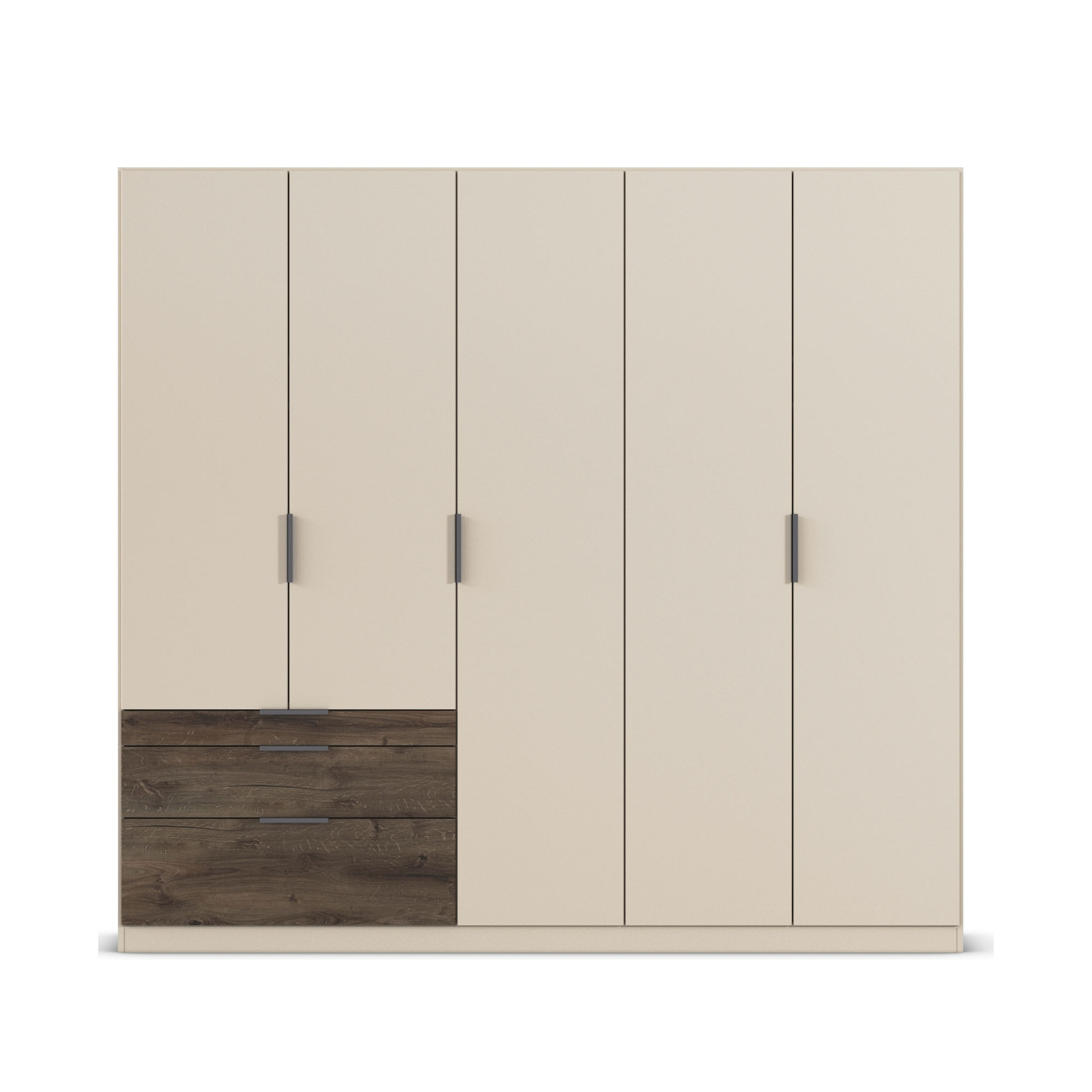 Drehtürenschrank in Champagner mit Absatz in Oak Dunkel, in frontaler Ansicht dargestellt.
