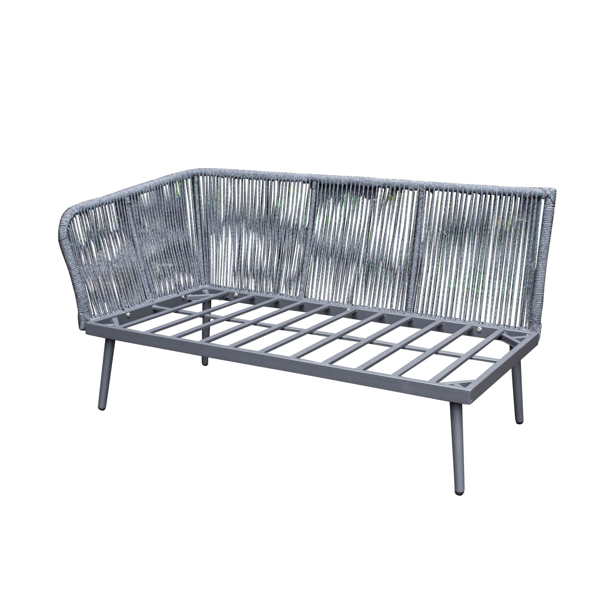Gartensofa ohne Sitz und Rückenkissen in schräger Ansicht mit sichtbarem Gestell vor weißem Hintergrund